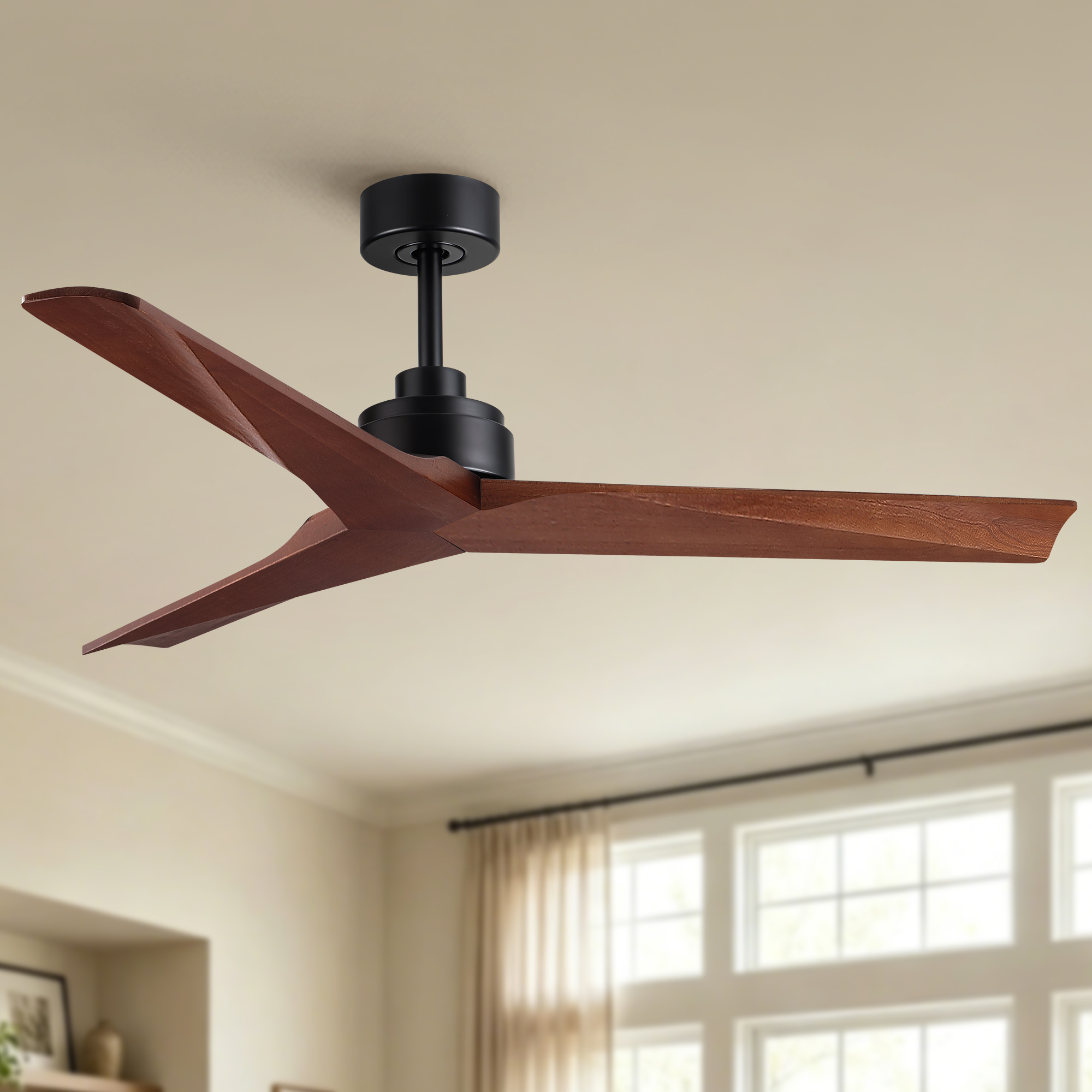 52" Farmhouse Solid Wood Ceiling Fan without Light, Matte Black DC Motor, No Light, Quiet Reversible Ceiling Fan for Living Room Bedroom - Image 3