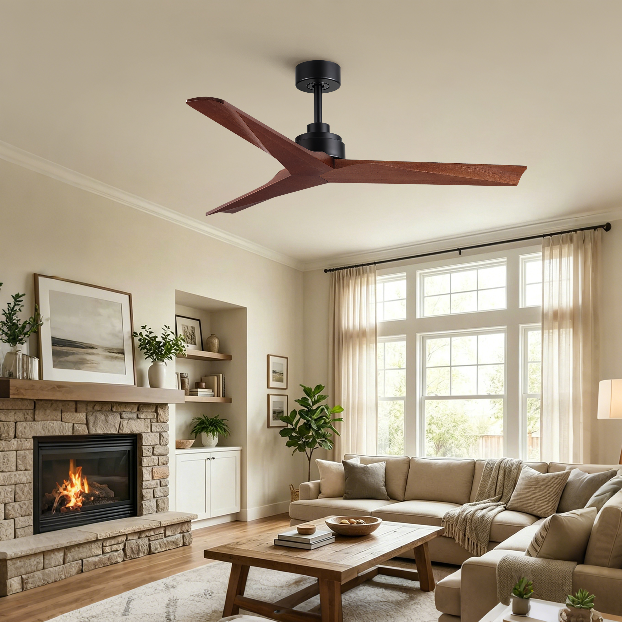 52" Farmhouse Solid Wood Ceiling Fan without Light, Matte Black DC Motor, No Light, Quiet Reversible Ceiling Fan for Living Room Bedroom - Image 6