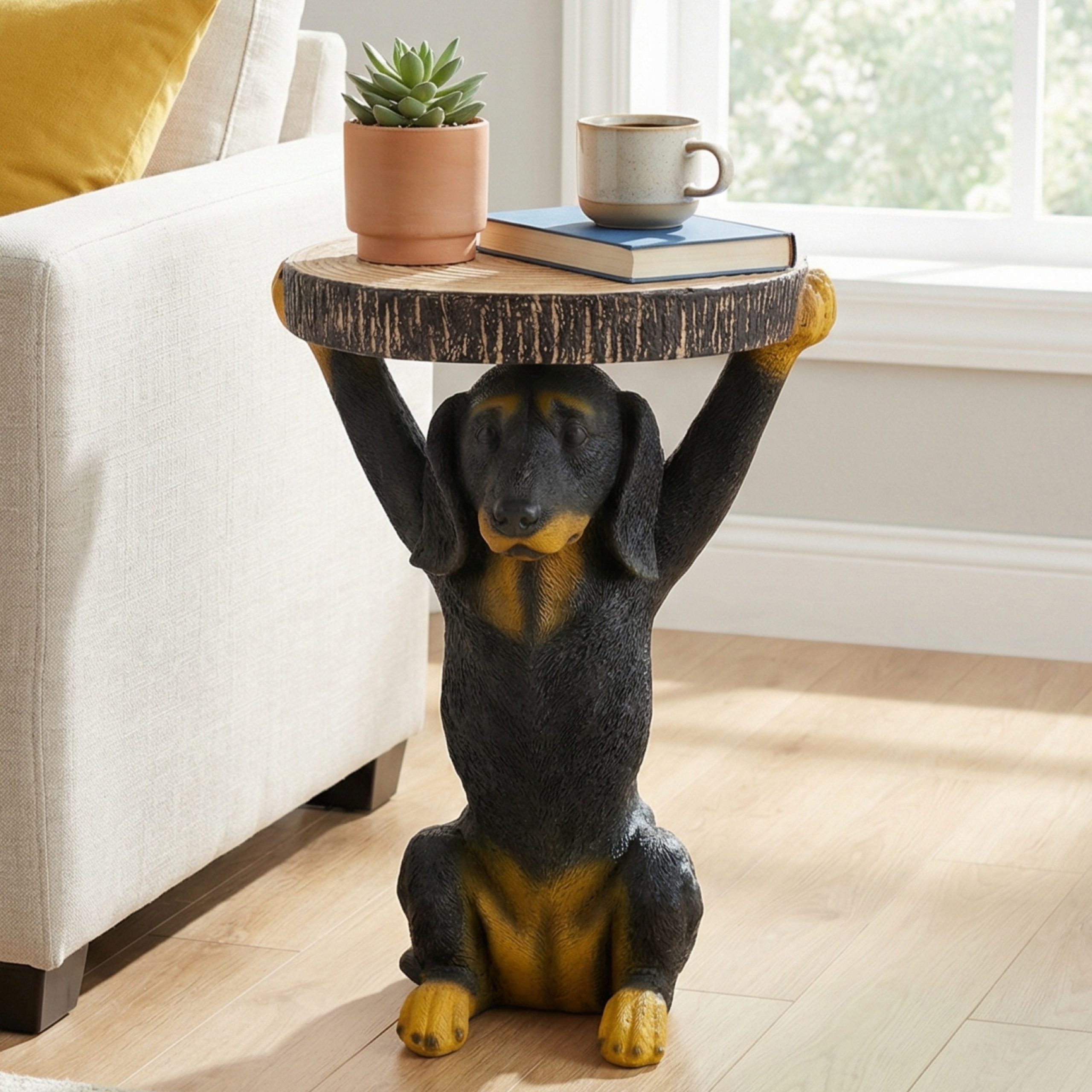 22.17"H Black Dog Side Table Pedestal End Table Stool, MGO Dog Statue Hand Painted Sculpture for Home, Office, Living Room & Outdoor Decor - Image 2
