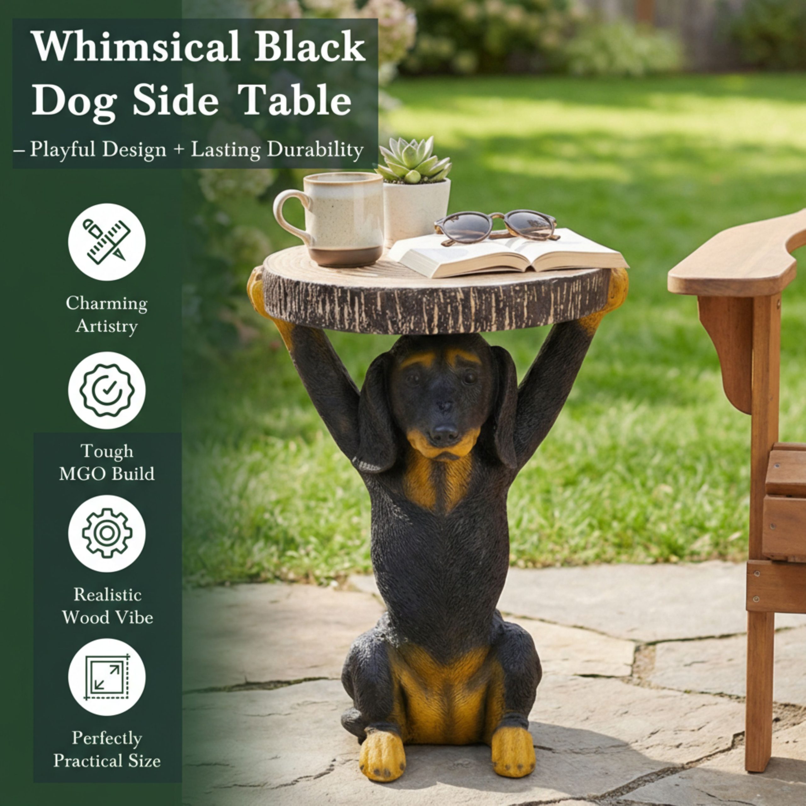 22.17"H Black Dog Side Table Pedestal End Table Stool, MGO Dog Statue Hand Painted Sculpture for Home, Office, Living Room & Outdoor Decor - Image 3