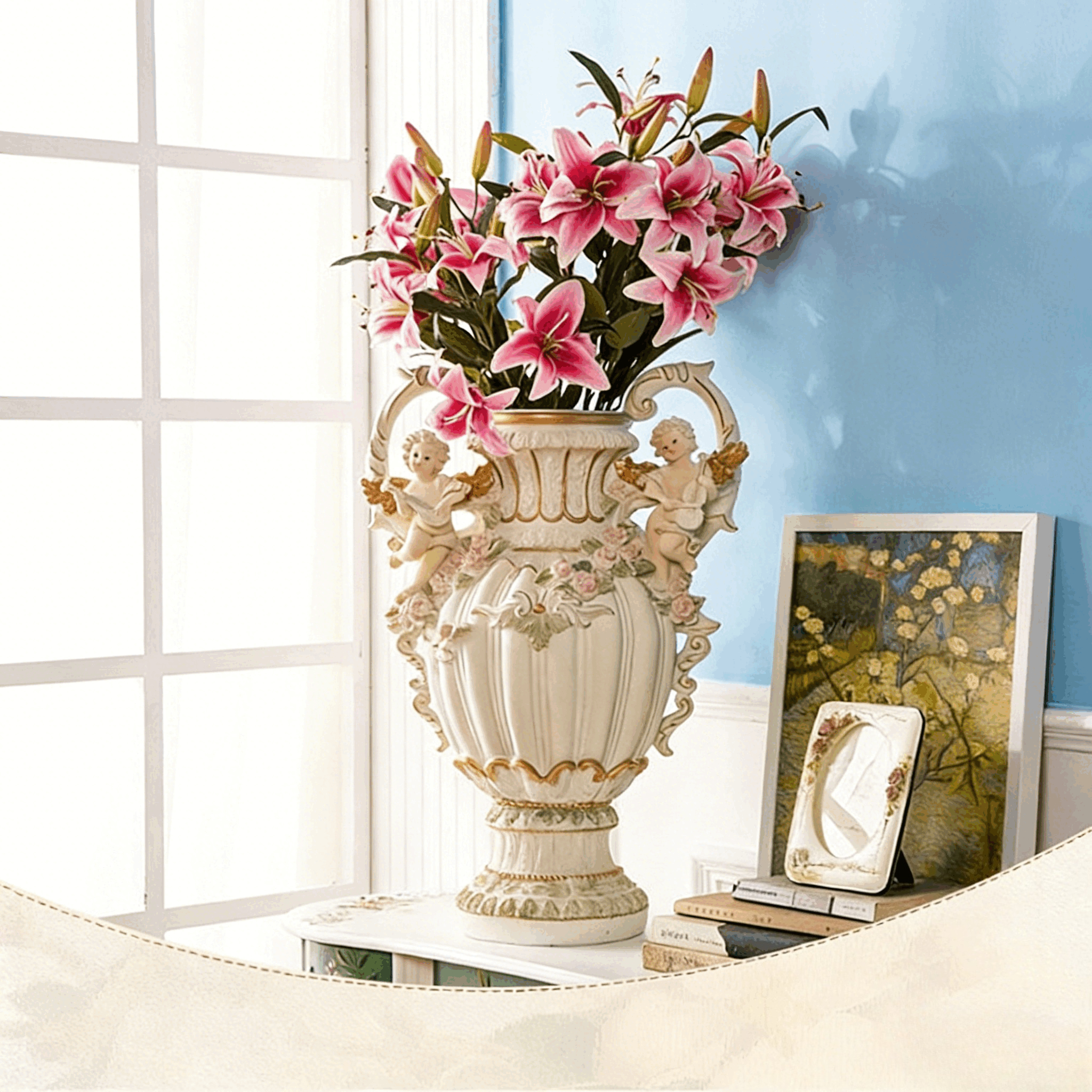 29.72" H x 19.21" L x 16.06" W European Style Angel Cupid Vase, Resin Handicraft Decor, Creative Home Soft Decoration for Living Room & Indoor Spaces - Image 3