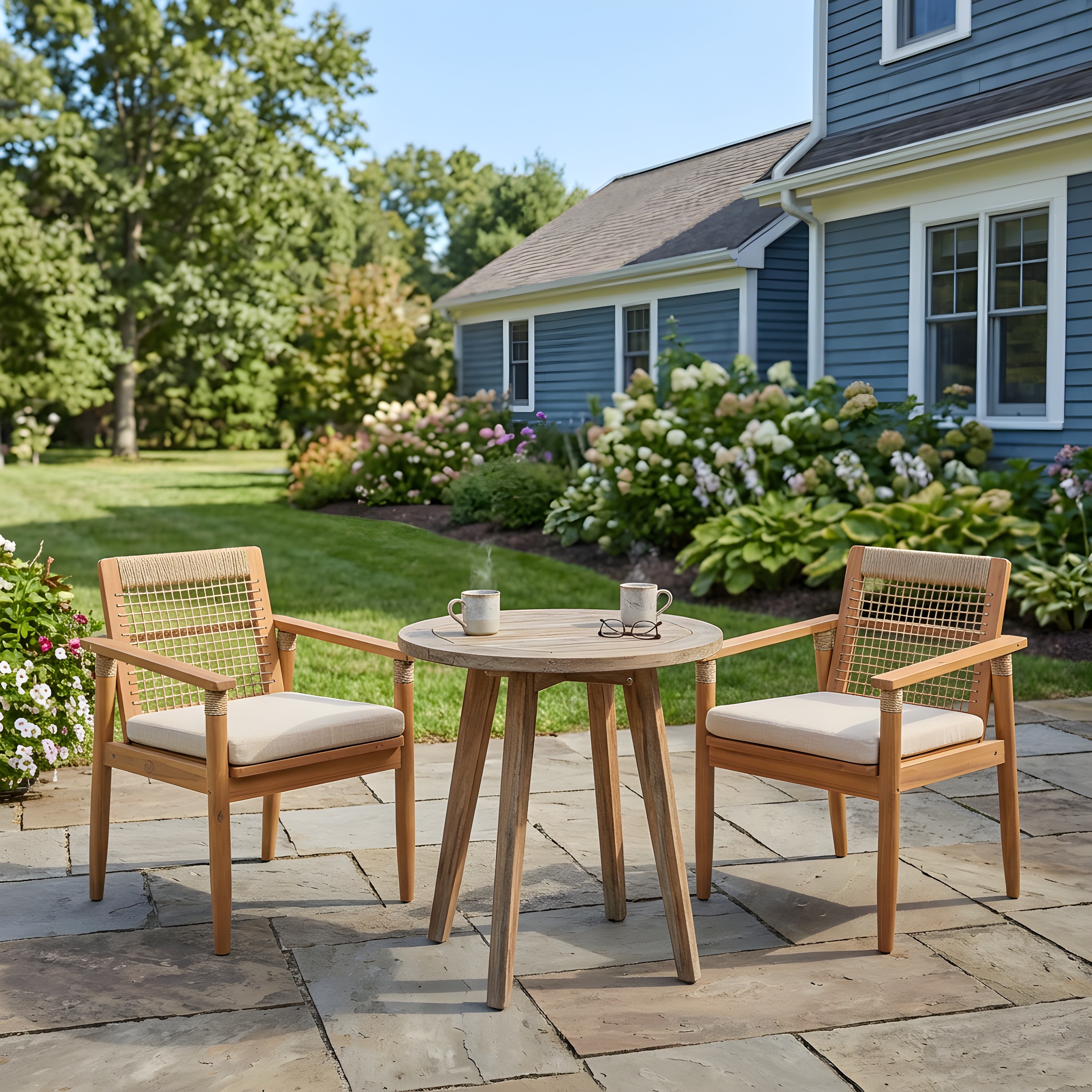 Outdoor Dining Chairs Set of 2, Acacia Wood Patio Armchair with Multi Brown Rope Design Back and Arms and Beige Washable Cushion,for Backyard, Poolside, Garden,Light teak - Image 2