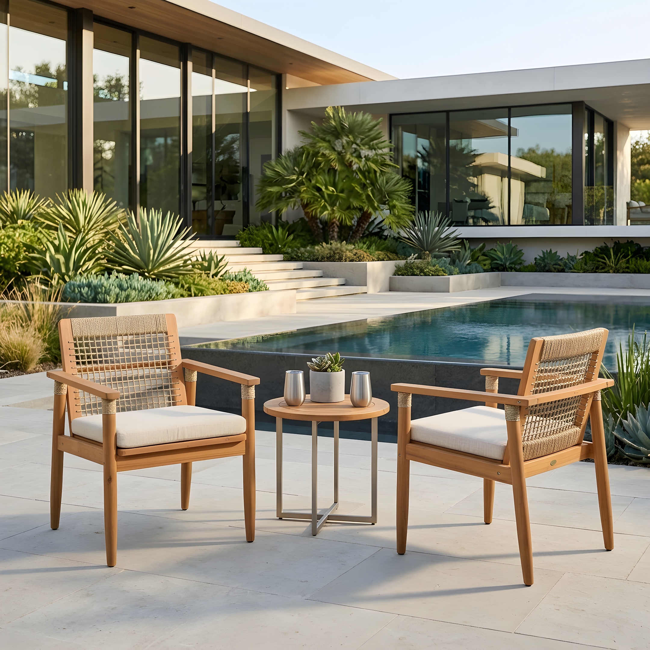 Outdoor Dining Chairs Set of 2, Acacia Wood Patio Armchair with Multi Brown Rope Design Back and Arms and Beige Washable Cushion,for Backyard, Poolside, Garden,Light teak - Image 3