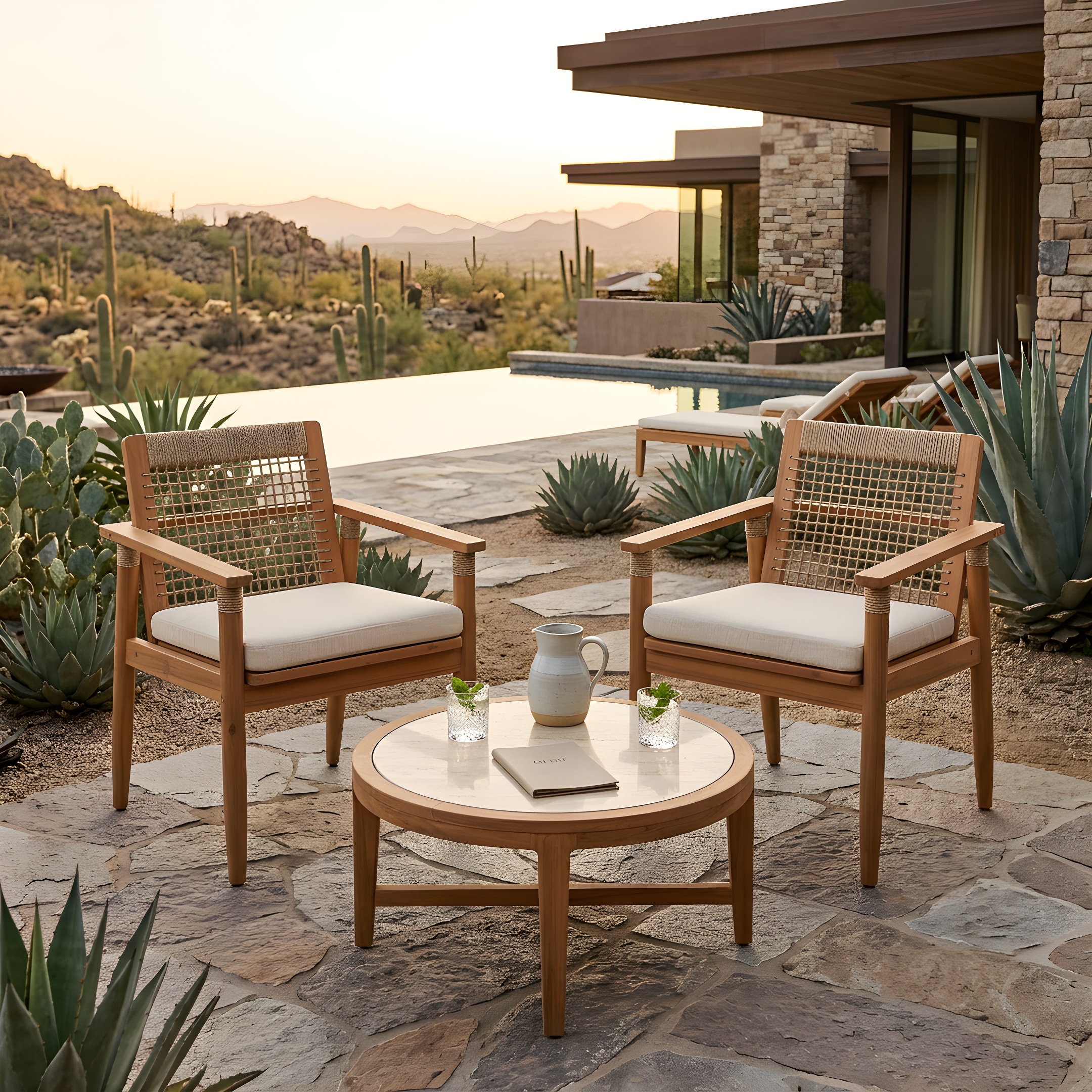 Outdoor Dining Chairs Set of 2, Acacia Wood Patio Armchair with Multi Brown Rope Design Back and Arms and Beige Washable Cushion,for Backyard, Poolside, Garden,Light teak - Image 4