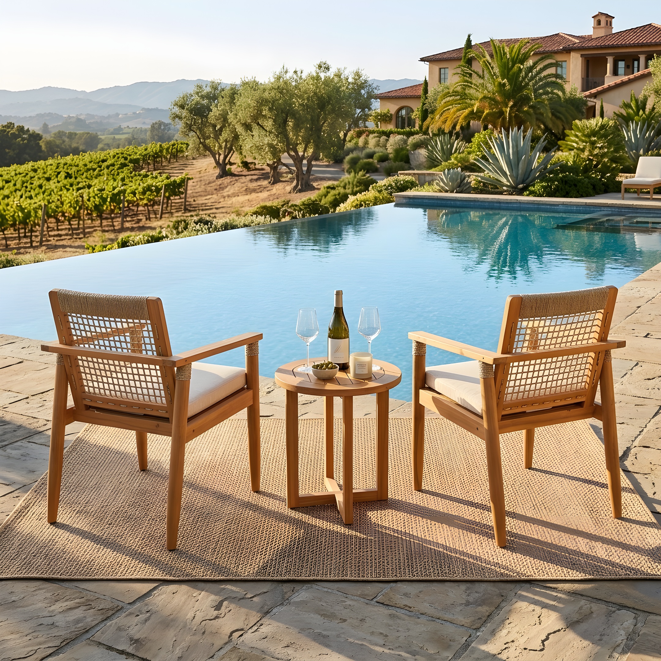 Outdoor Dining Chairs Set of 2, Acacia Wood Patio Armchair with Multi Brown Rope Design Back and Arms and Beige Washable Cushion,for Backyard, Poolside, Garden,Light teak - Image 5