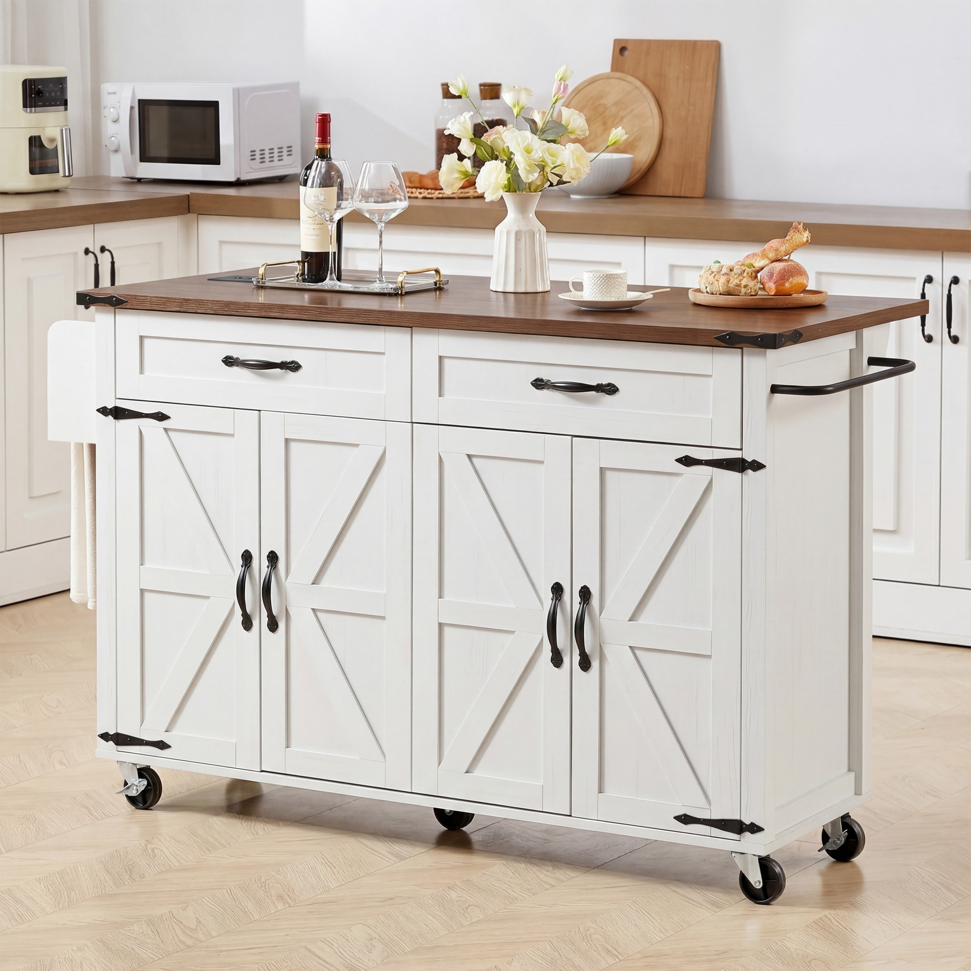 K&K 53.5”Farmhouse Kitchen Island with Power Outlet, Kitchen Storage Island with Drop Leaf, Spice Rack and Drawer, Rolling Kitchen Cart on Wheels, for Home, Kitchen and Dining Room, White
