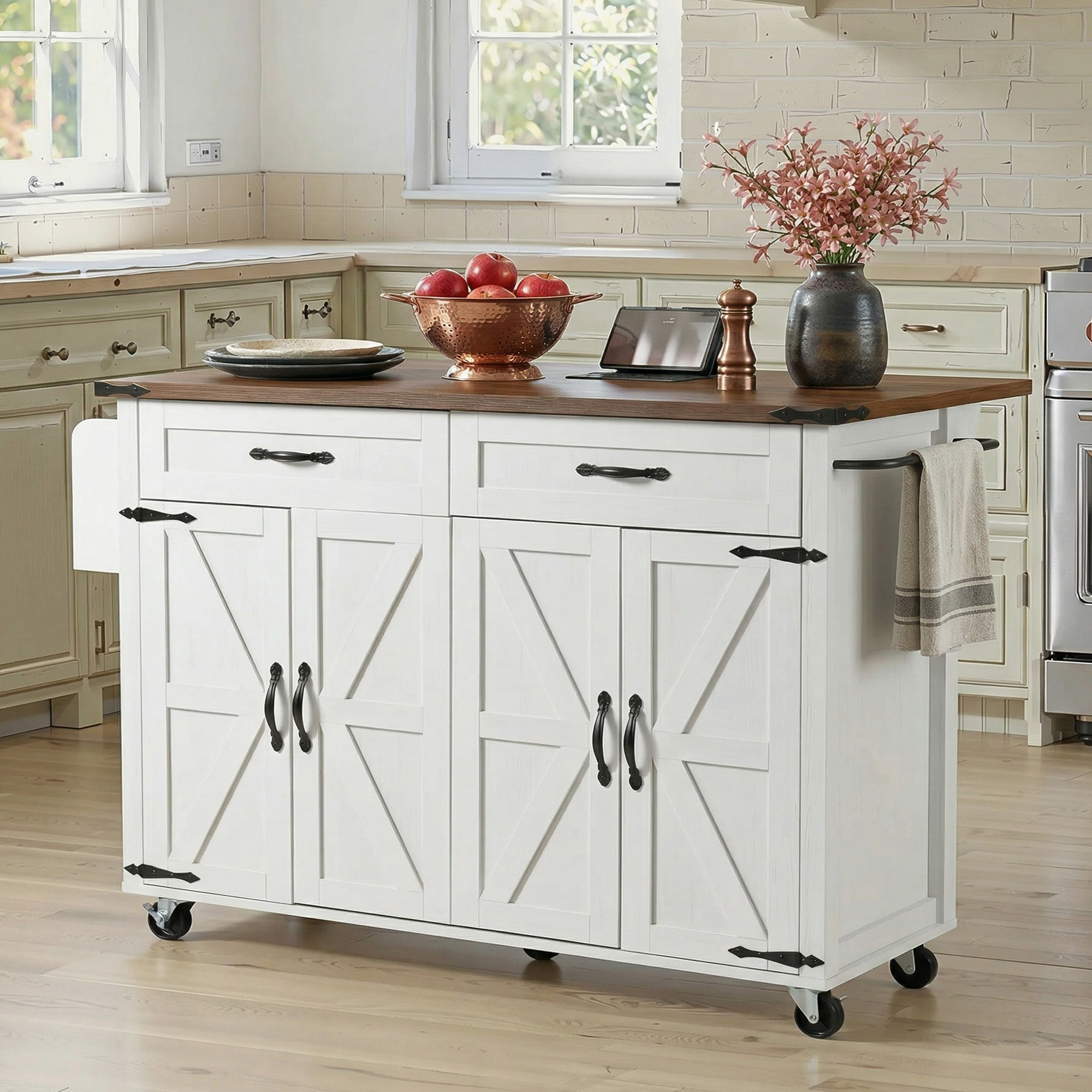 K&K 53.5''Farmhouse Kitchen Island with Power Outlet, Kitchen Storage Island with Drop Leaf, Spice Rack and Drawer, Rolling Kitchen Cart on Wheels, for Home, Kitchen and Dining Room, White - Image 2