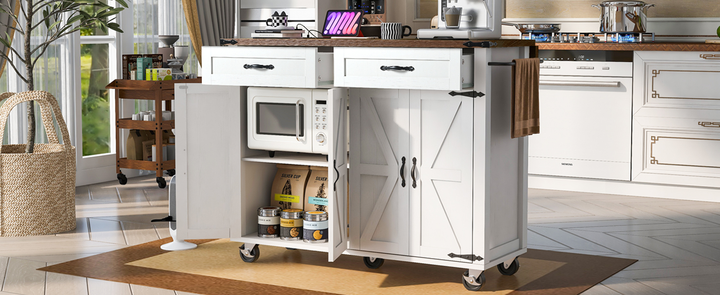 K&K 53.5''Farmhouse Kitchen Island with Power Outlet, Kitchen Storage Island with Drop Leaf, Spice Rack and Drawer, Rolling Kitchen Cart on Wheels, for Home, Kitchen and Dining Room, White - Image 3