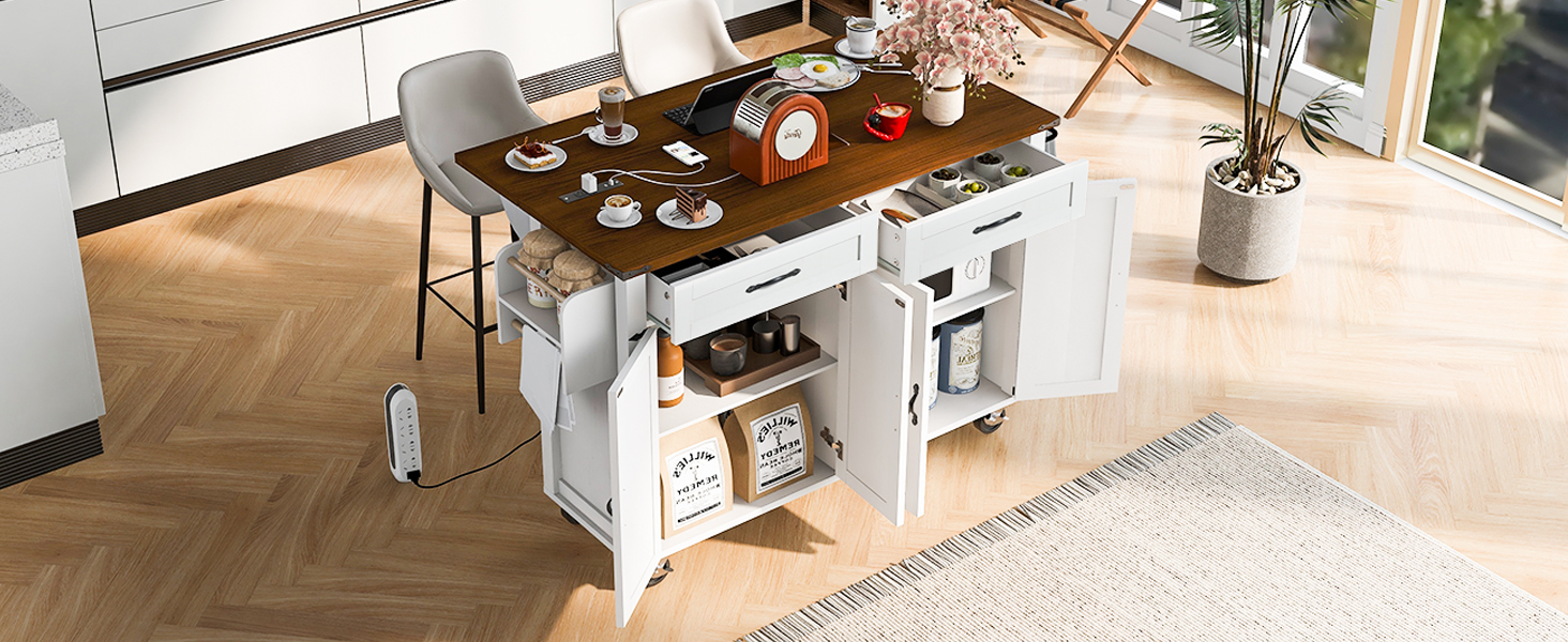K&K 53.5''Farmhouse Kitchen Island with Power Outlet, Kitchen Storage Island with Drop Leaf, Spice Rack and Drawer, Rolling Kitchen Cart on Wheels, for Home, Kitchen and Dining Room, White - Image 5