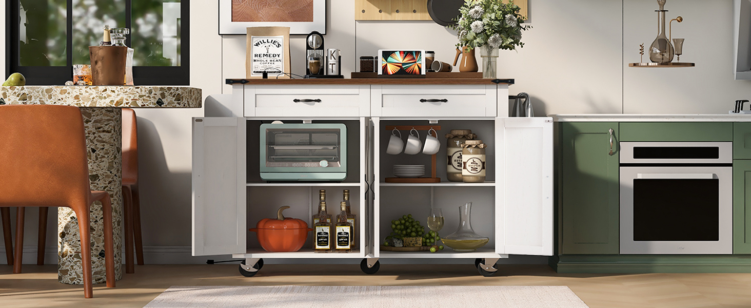 K&K 53.5''Farmhouse Kitchen Island with Power Outlet, Kitchen Storage Island with Drop Leaf, Spice Rack and Drawer, Rolling Kitchen Cart on Wheels, for Home, Kitchen and Dining Room, White - Image 4