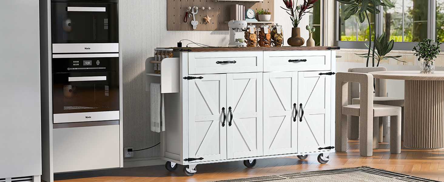 K&K 53.5''Farmhouse Kitchen Island with Power Outlet, Kitchen Storage Island with Drop Leaf, Spice Rack and Drawer, Rolling Kitchen Cart on Wheels, for Home, Kitchen and Dining Room, White - Image 6