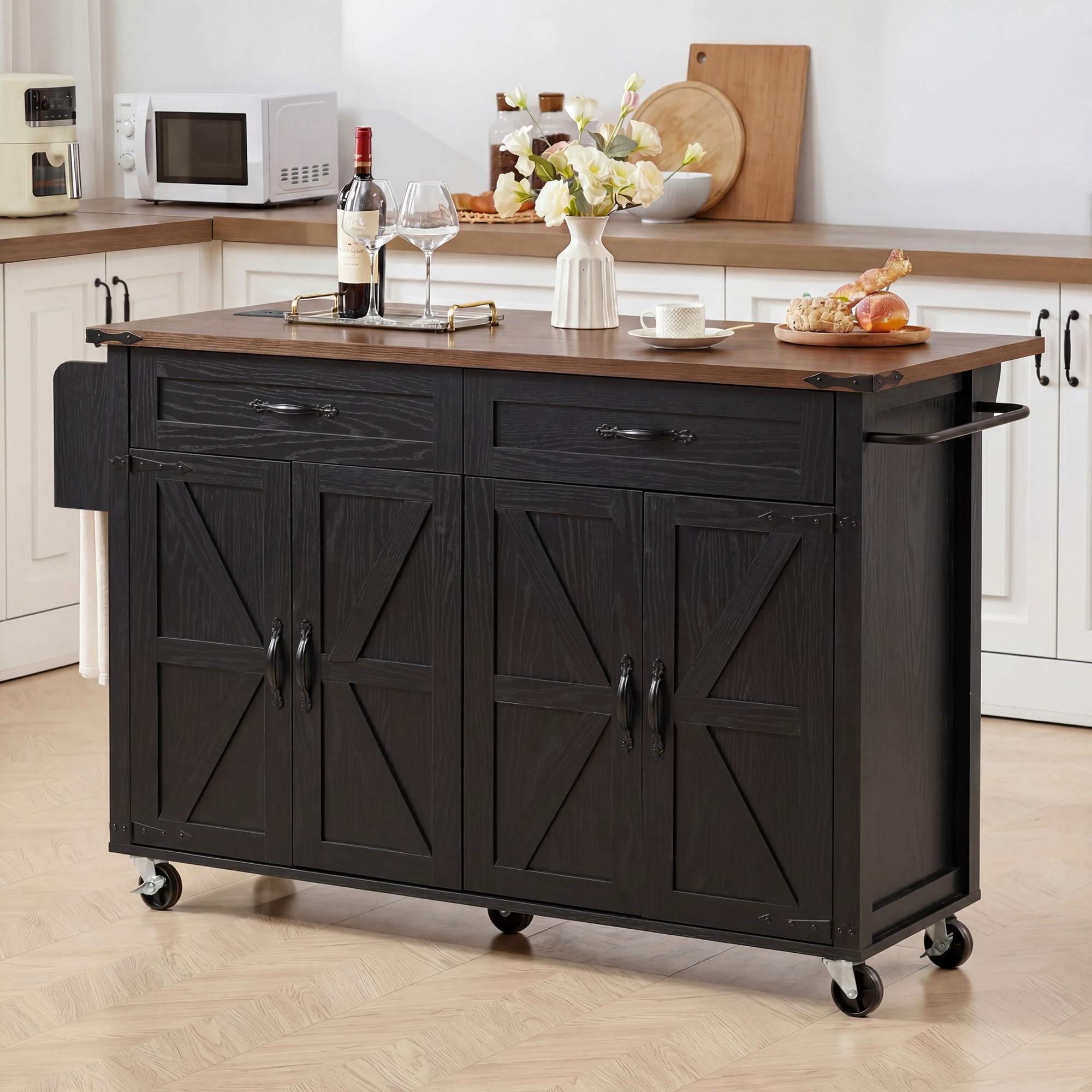 K&K 53.5”Farmhouse Kitchen Island with Power Outlet, Kitchen Storage Island with Drop Leaf, Spice Rack and Drawer, Rolling Kitchen Cart on Wheels, for Home, Kitchen and Dining Room, Black