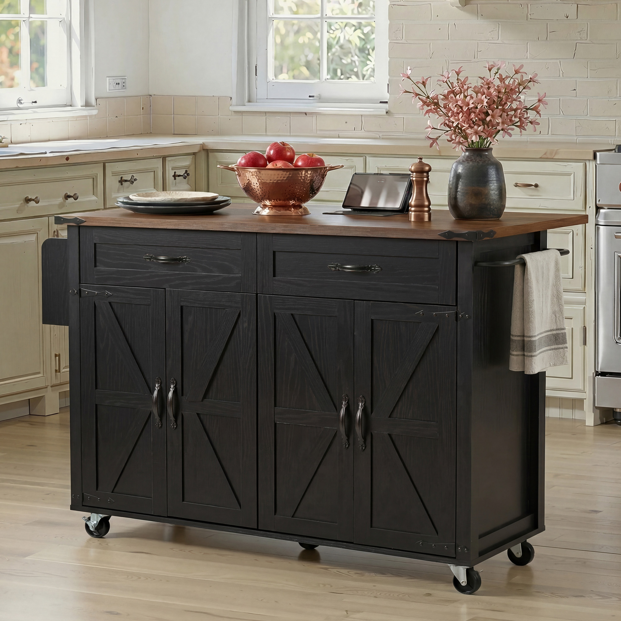 K&K 53.5''Farmhouse Kitchen Island with Power Outlet, Kitchen Storage Island with Drop Leaf, Spice Rack and Drawer, Rolling Kitchen Cart on Wheels, for Home, Kitchen and Dining Room, Black - Image 2