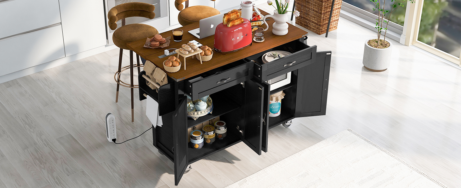 K&K 53.5''Farmhouse Kitchen Island with Power Outlet, Kitchen Storage Island with Drop Leaf, Spice Rack and Drawer, Rolling Kitchen Cart on Wheels, for Home, Kitchen and Dining Room, Black - Image 3