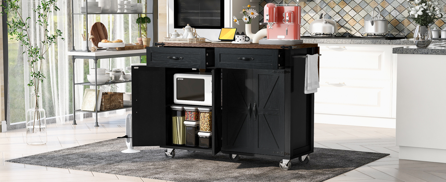 K&K 53.5''Farmhouse Kitchen Island with Power Outlet, Kitchen Storage Island with Drop Leaf, Spice Rack and Drawer, Rolling Kitchen Cart on Wheels, for Home, Kitchen and Dining Room, Black - Image 4
