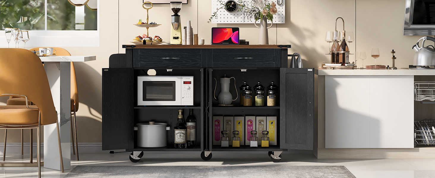 K&K 53.5''Farmhouse Kitchen Island with Power Outlet, Kitchen Storage Island with Drop Leaf, Spice Rack and Drawer, Rolling Kitchen Cart on Wheels, for Home, Kitchen and Dining Room, Black - Image 5