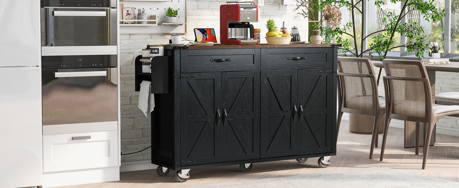 K&K 53.5''Farmhouse Kitchen Island with Power Outlet, Kitchen Storage Island with Drop Leaf, Spice Rack and Drawer, Rolling Kitchen Cart on Wheels, for Home, Kitchen and Dining Room, Black - Image 6