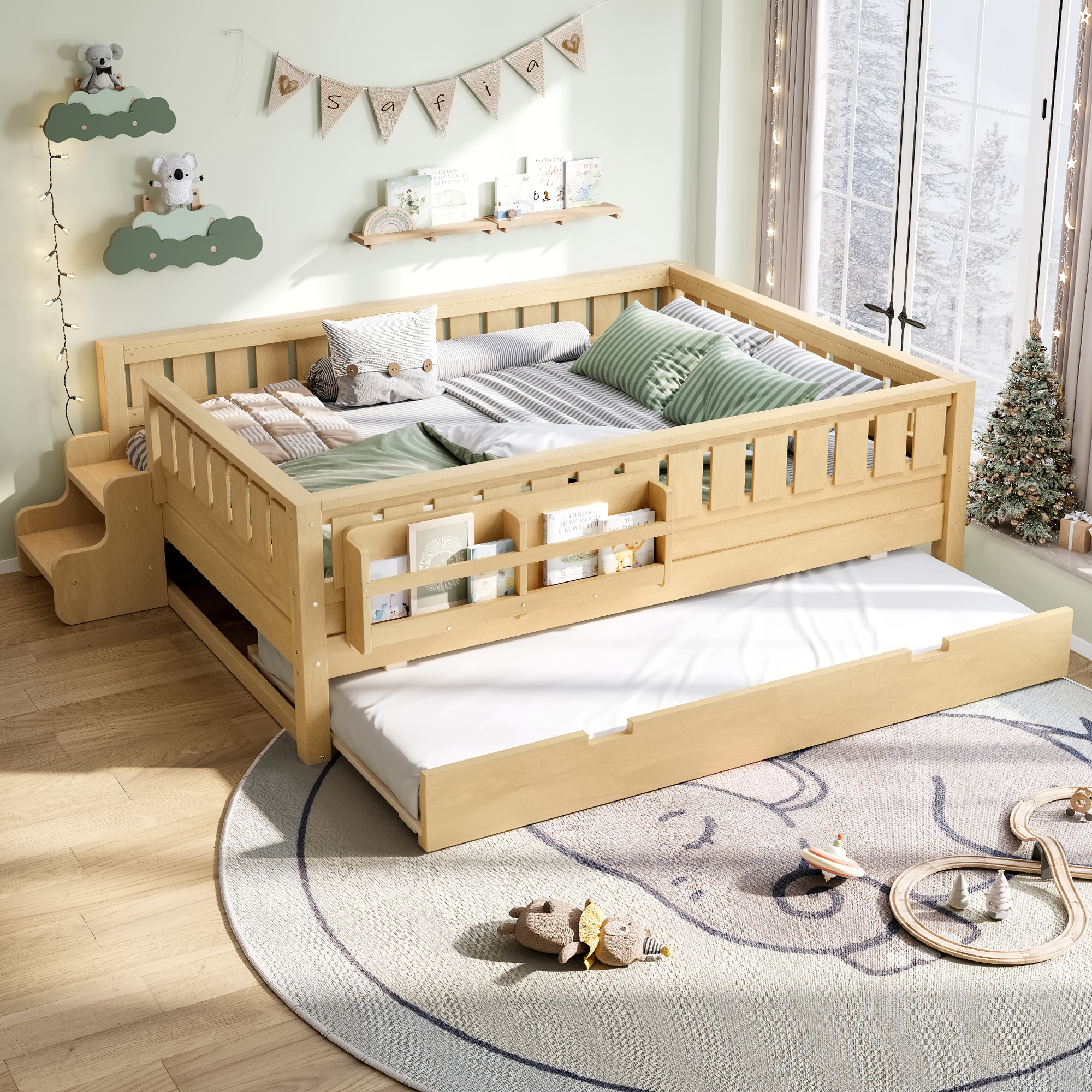Full with built-in bookshelves and small staircase, high-quality safety rails, and Trundle,Light Natural - Image 1