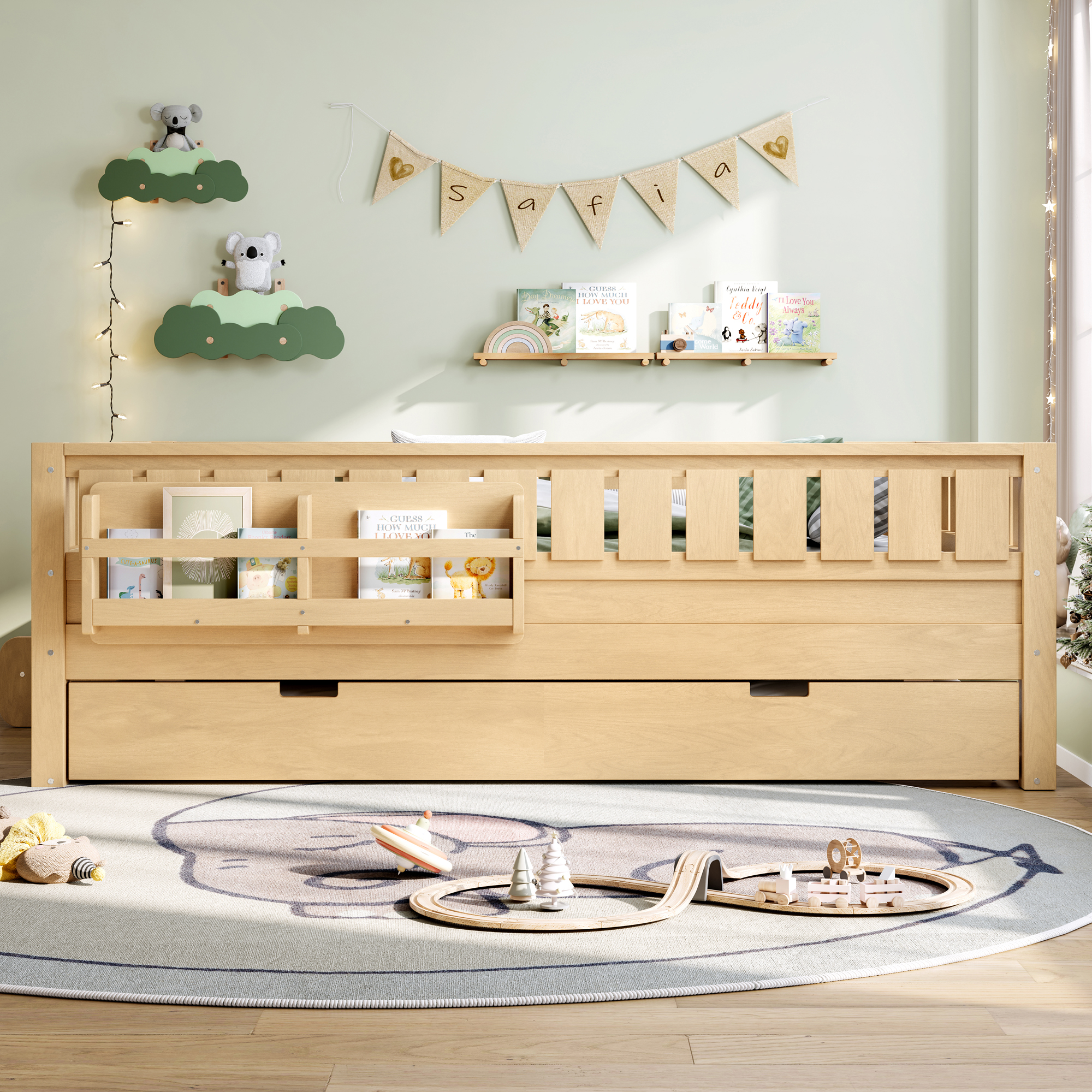 Full with built-in bookshelves and small staircase, high-quality safety rails, and Trundle,Light Natural - Image 2