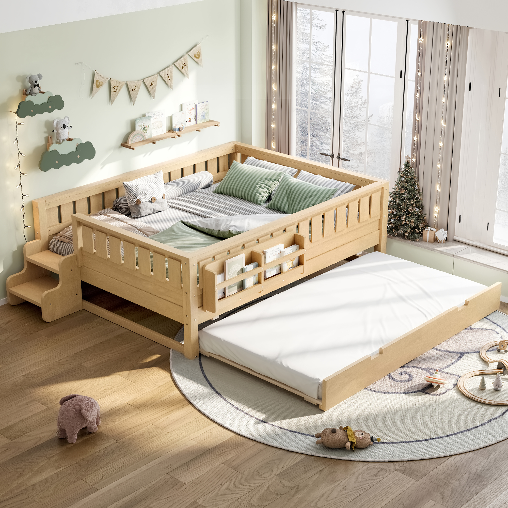 Full with built-in bookshelves and small staircase, high-quality safety rails, and Trundle,Light Natural - Image 3