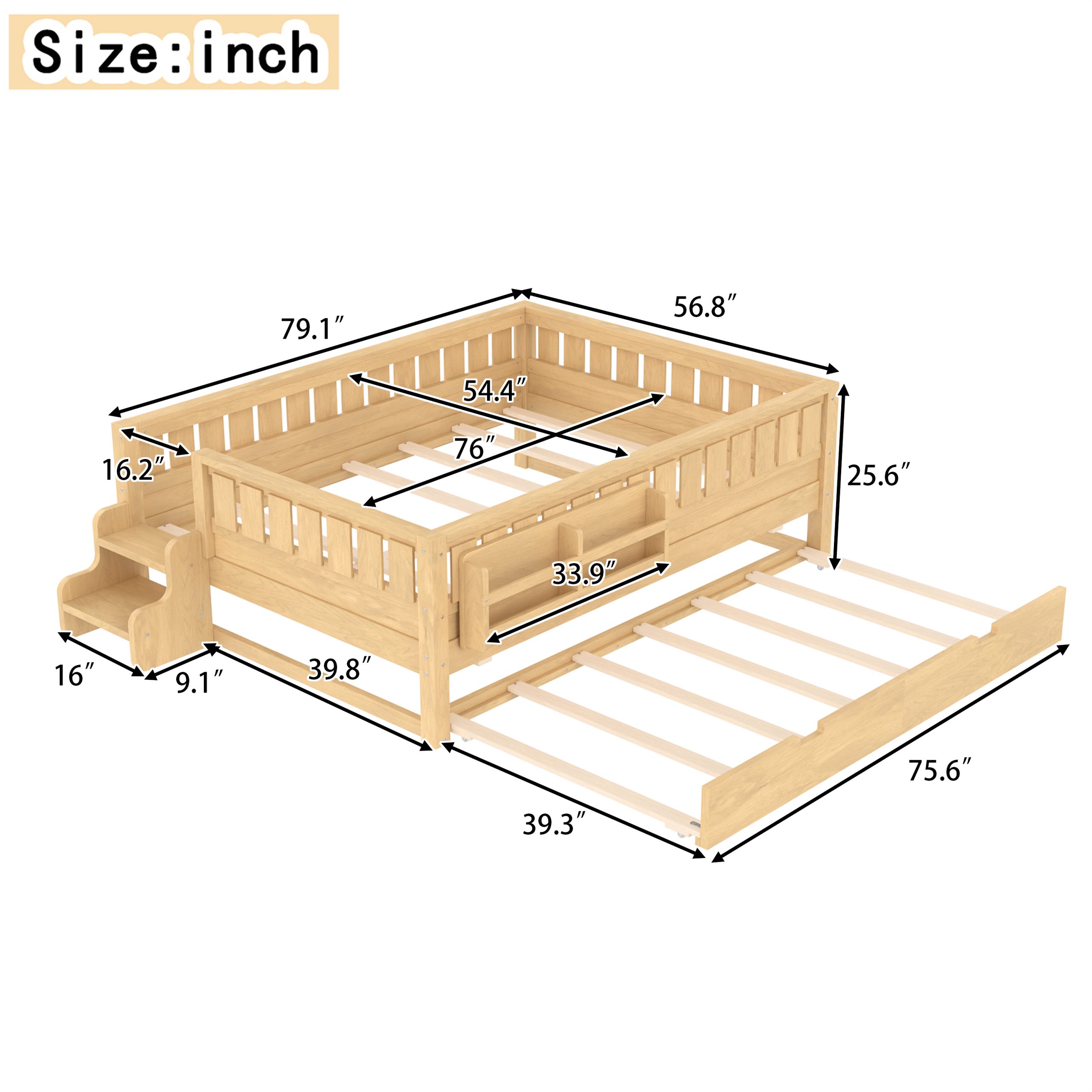 Full with built-in bookshelves and small staircase, high-quality safety rails, and Trundle,Light Natural - Image 4