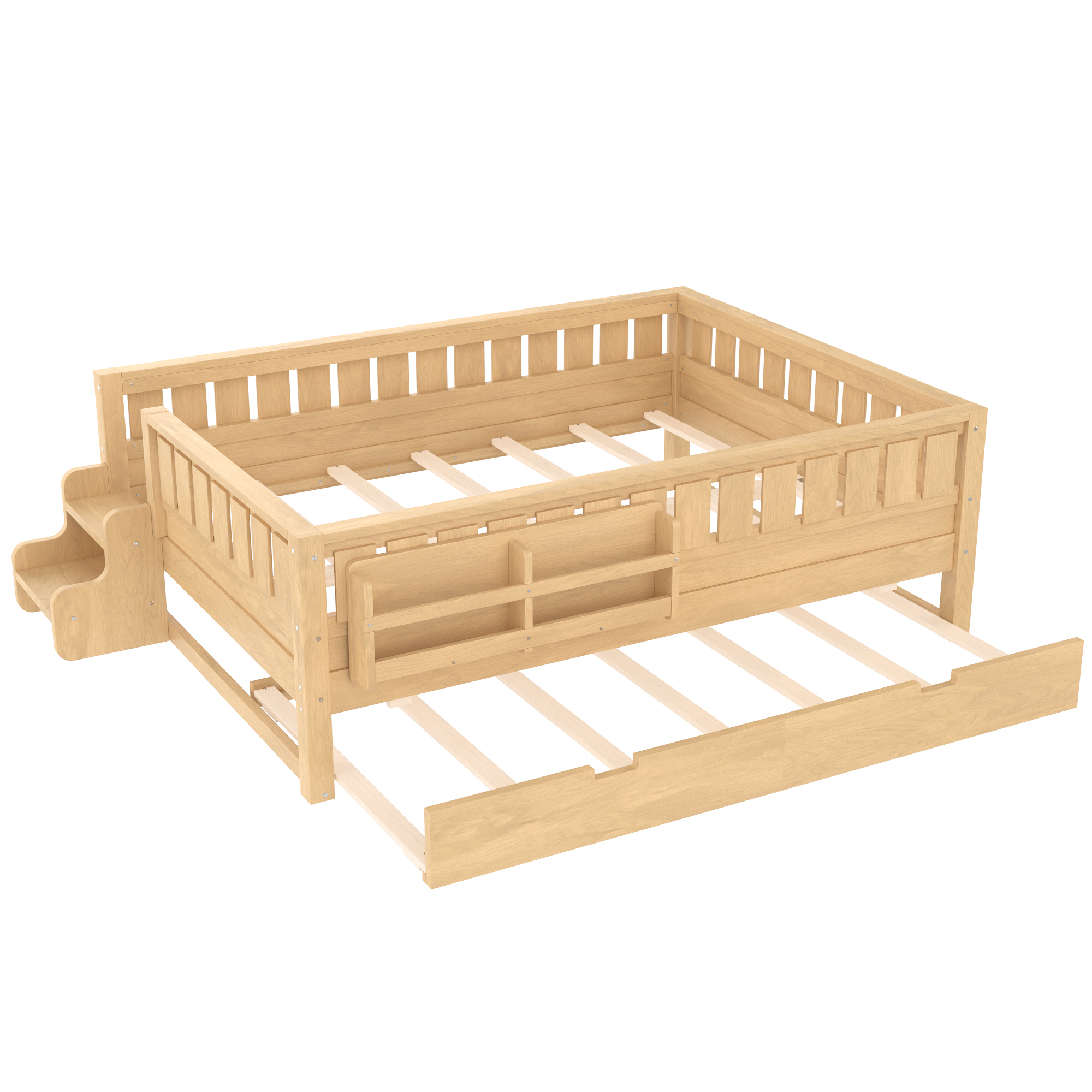 Full with built-in bookshelves and small staircase, high-quality safety rails, and Trundle,Light Natural - Image 5
