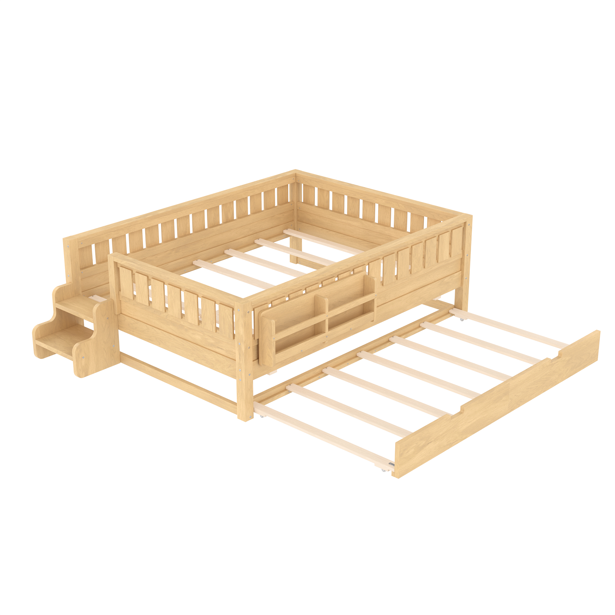 Full with built-in bookshelves and small staircase, high-quality safety rails, and Trundle,Light Natural - Image 6