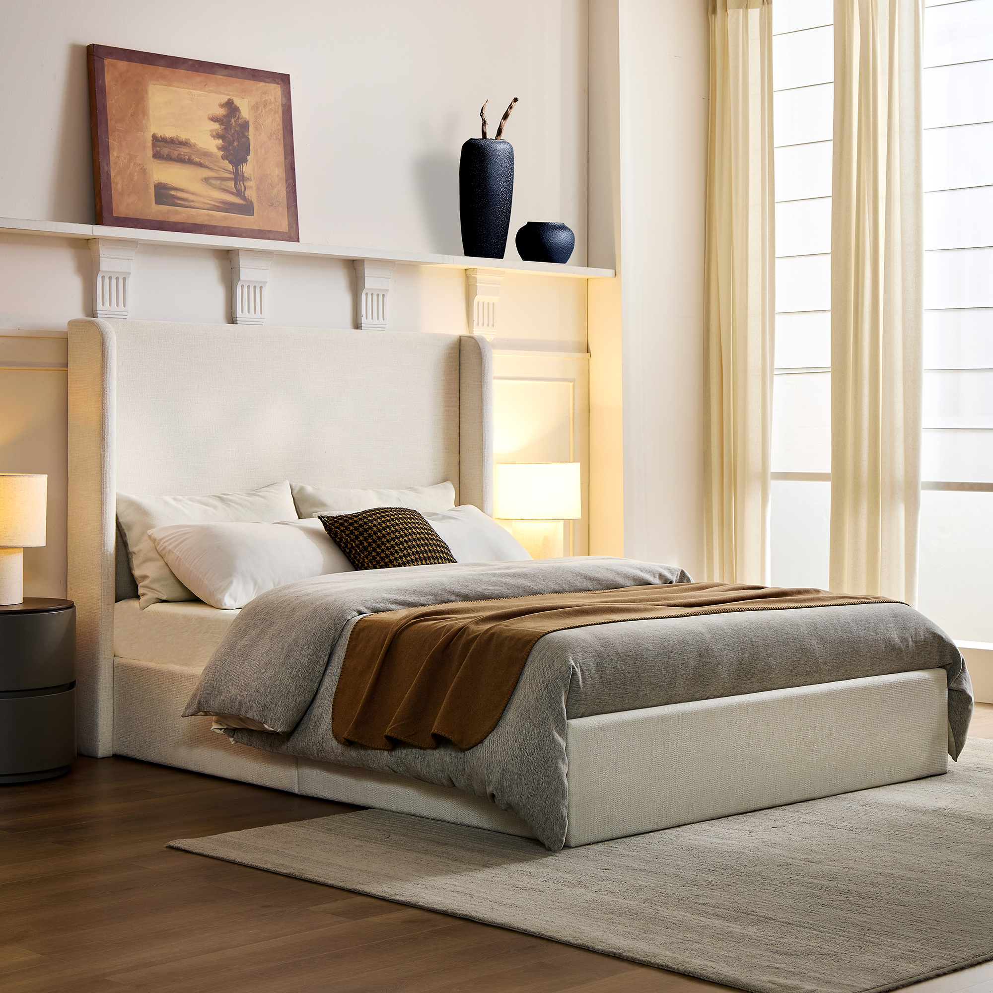 Carmen Upholstered Wingback Bed / Upholstered Platform Bed Frame / 52" High Headboard / Simplicity / Minimalist / No Box Spring Needed / California King / Textured Ivory Canvas / No Noise - Image 3