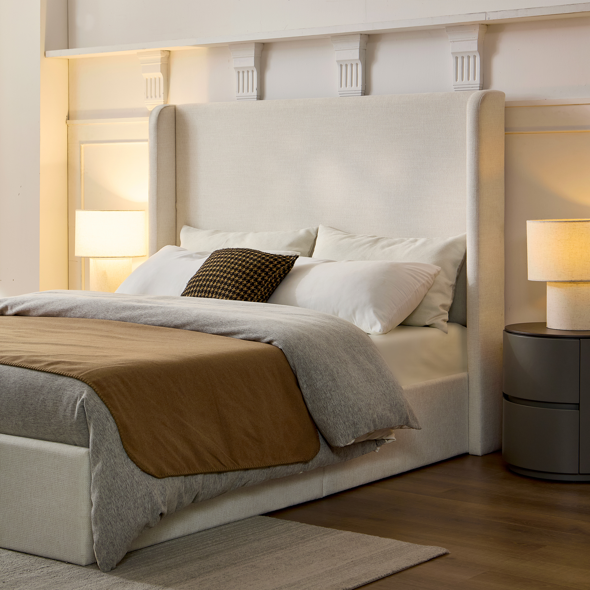 Carmen Upholstered Wingback Bed / Upholstered Platform Bed Frame / 52.3" High Headboard / Simplicity / Minimalist / No Box Spring Needed / Easy Assembly / King/ Textured Ivory Canvas Chenille/No Noise - Image 3