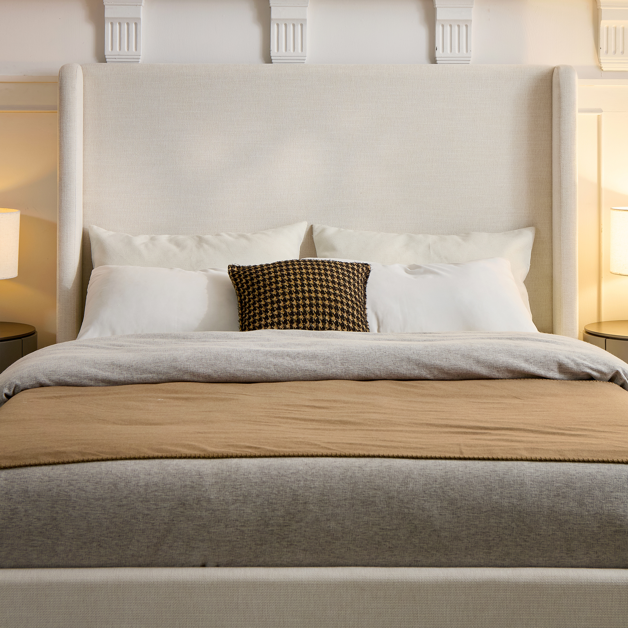 Carmen Upholstered Wingback Bed / Upholstered Platform Bed Frame / 52.3" High Headboard / Simplicity / Minimalist / No Box Spring Needed / Easy Assembly / King/ Textured Ivory Canvas Chenille/No Noise - Image 4