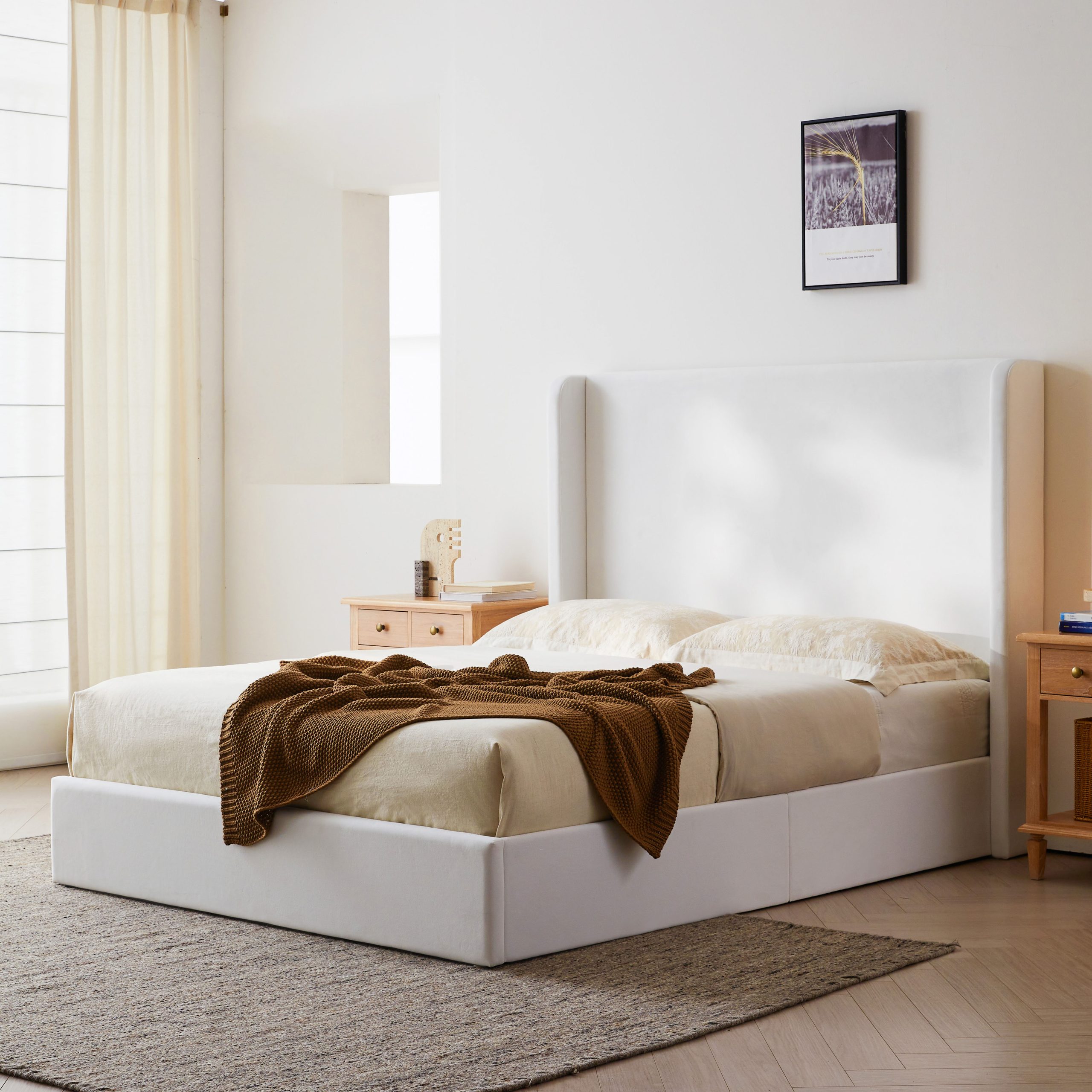 Carmen Upholstered Wingback Bed / Upholstered Platform Bed Frame / 52.3" High Headboard / Simplicity / Minimalist / No Box Spring Needed / Easy Assembly / King / Coconut Micro Suede / No Noise - Image 2