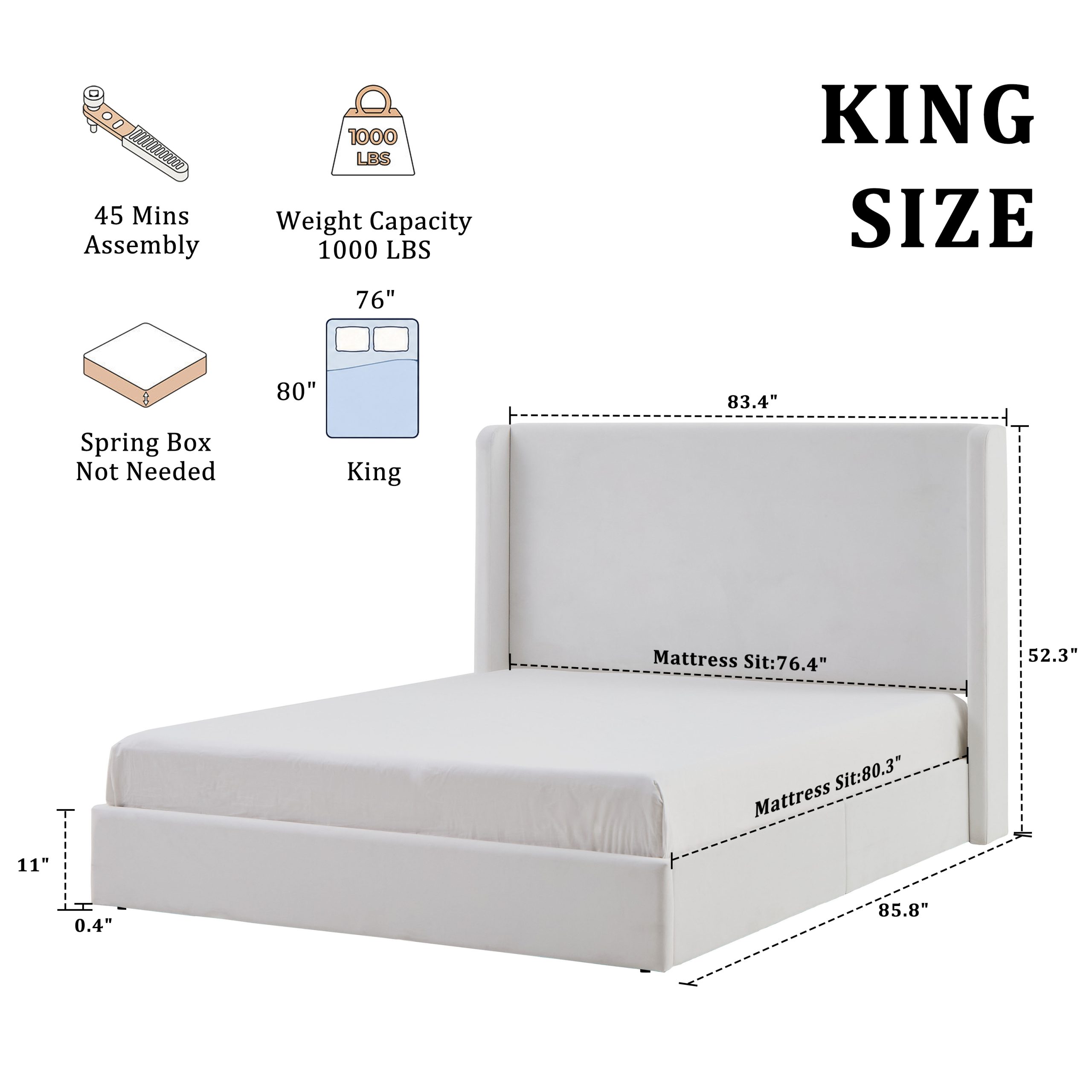 Carmen Upholstered Wingback Bed / Upholstered Platform Bed Frame / 52.3" High Headboard / Simplicity / Minimalist / No Box Spring Needed / Easy Assembly / King / Coconut Micro Suede / No Noise - Image 6