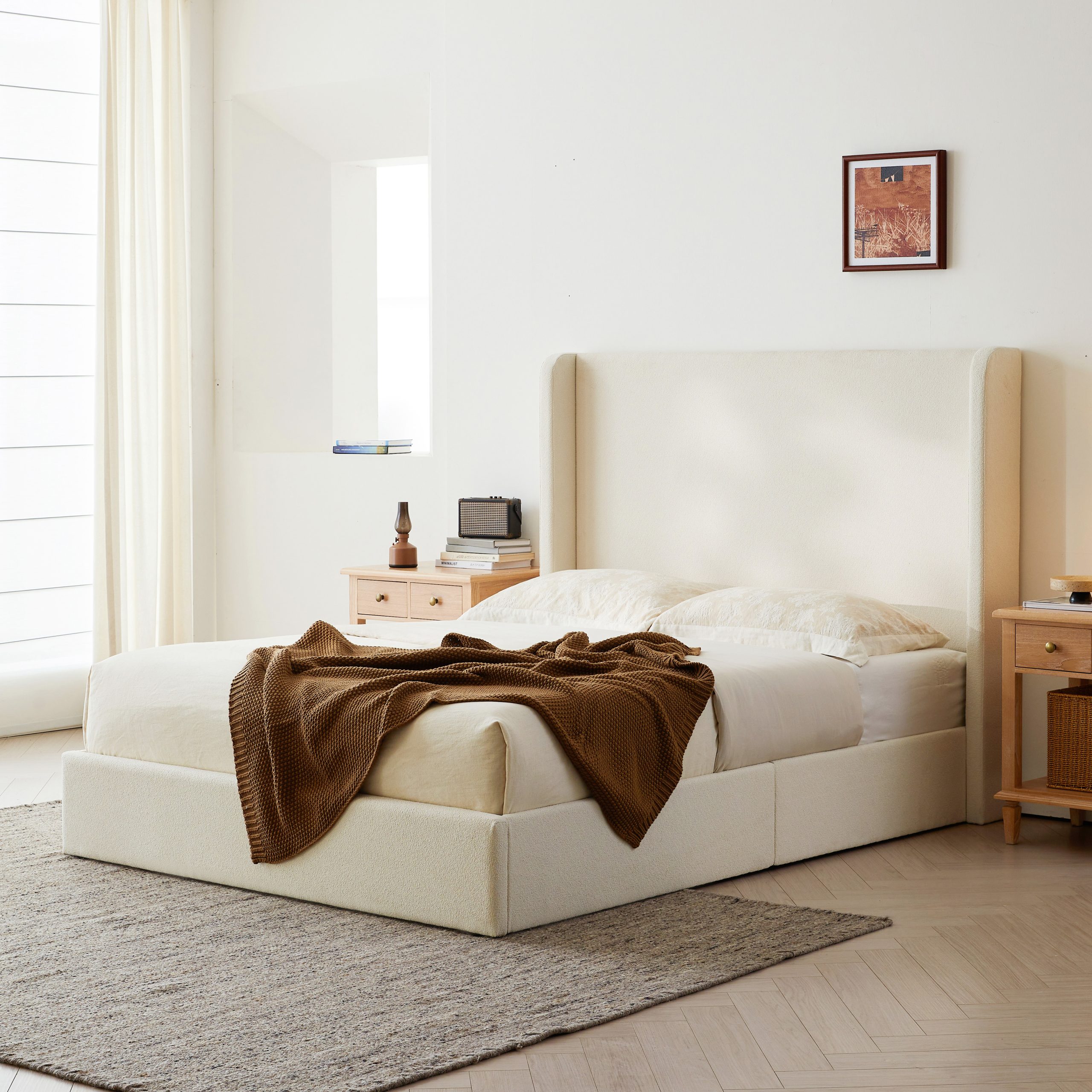 Carmen Upholstered Wingback Bed / Upholstered Platform Bed Frame / 52.3" High Headboard / Simplicity / Minimalist / No Box Spring Needed / Easy Assembly / King/ Ivory Boucle / No Noise - Image 2