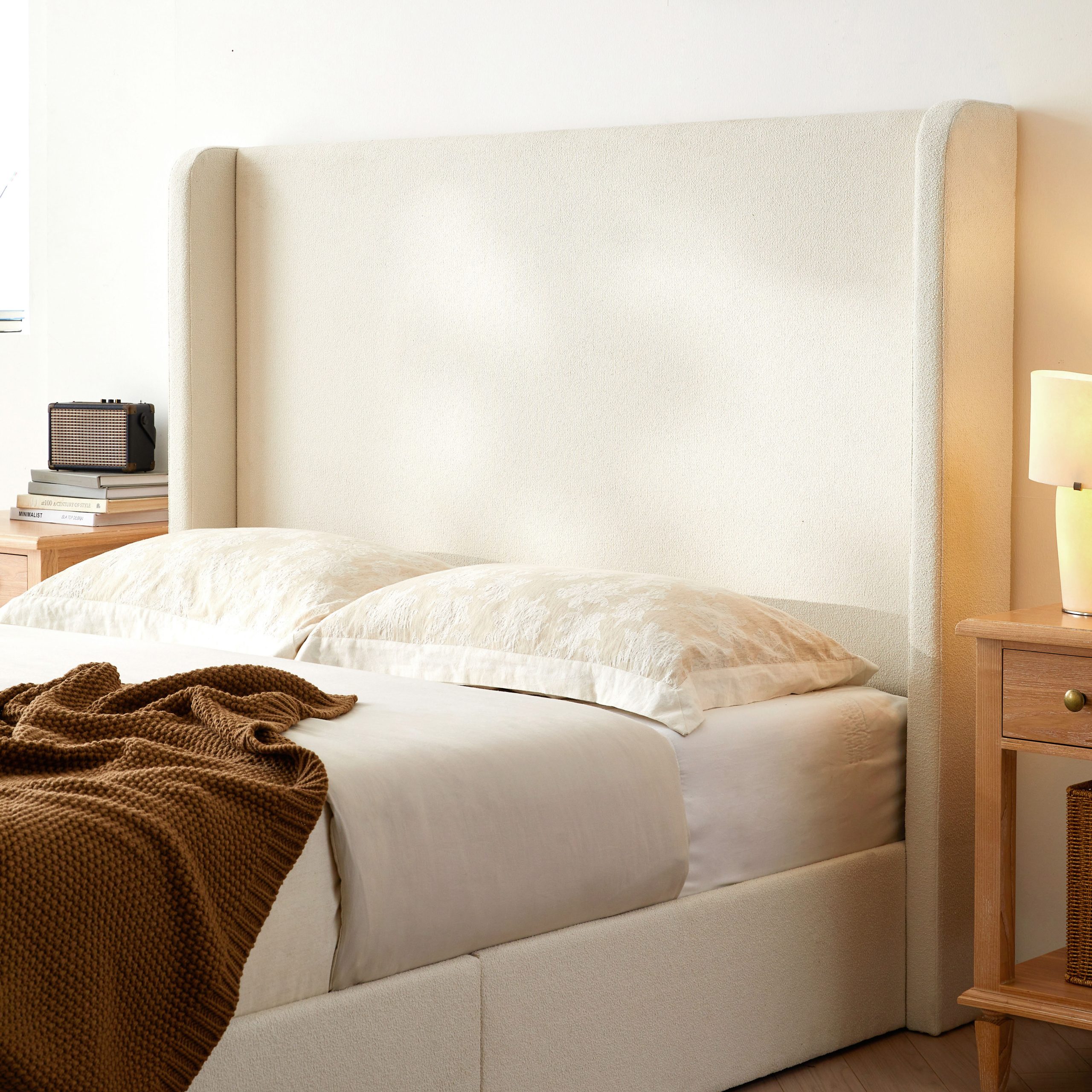 Carmen Upholstered Wingback Bed / Upholstered Platform Bed Frame / 52.3" High Headboard / Simplicity / Minimalist / No Box Spring Needed / Easy Assembly / King/ Ivory Boucle / No Noise - Image 4
