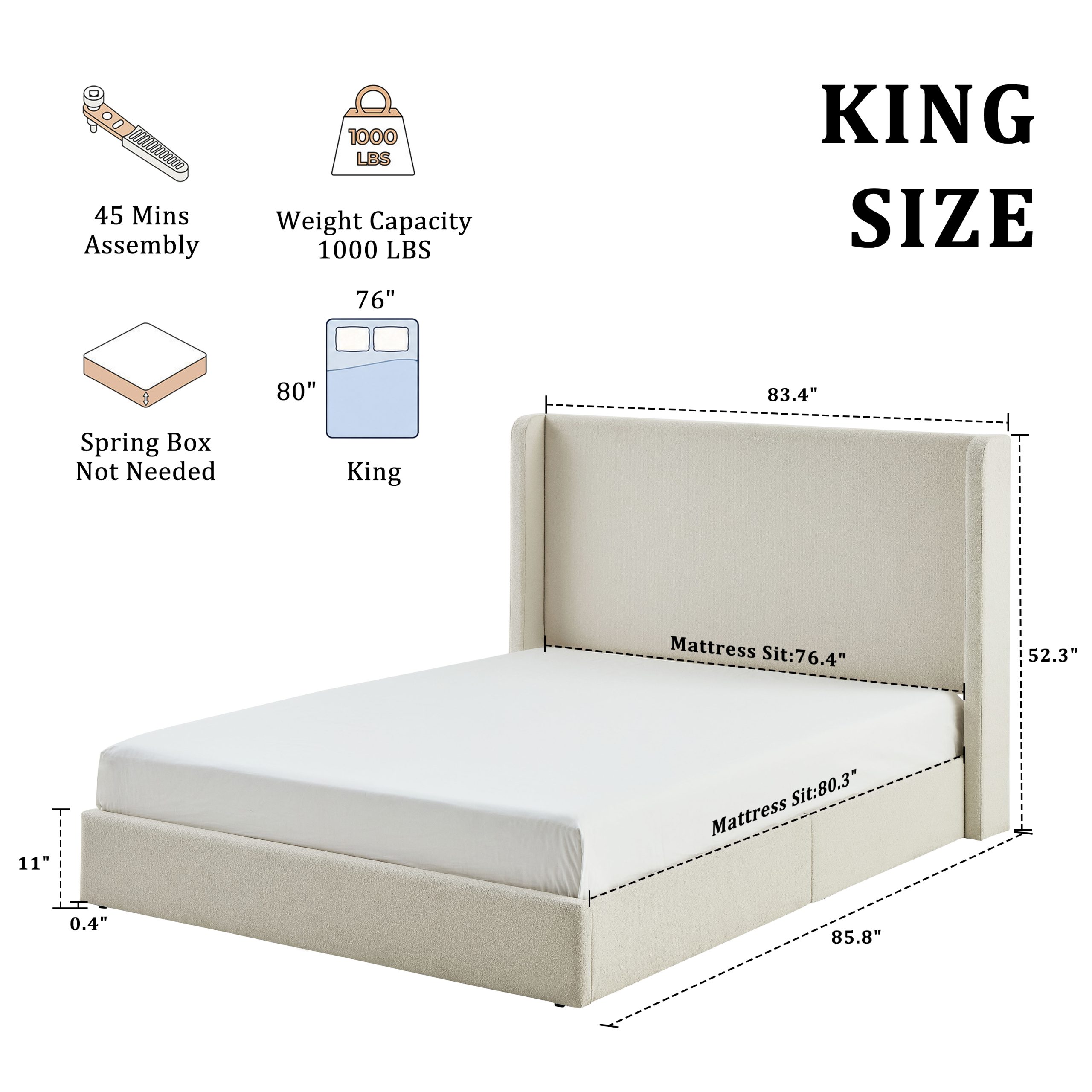 Carmen Upholstered Wingback Bed / Upholstered Platform Bed Frame / 52.3" High Headboard / Simplicity / Minimalist / No Box Spring Needed / Easy Assembly / King/ Ivory Boucle / No Noise - Image 6