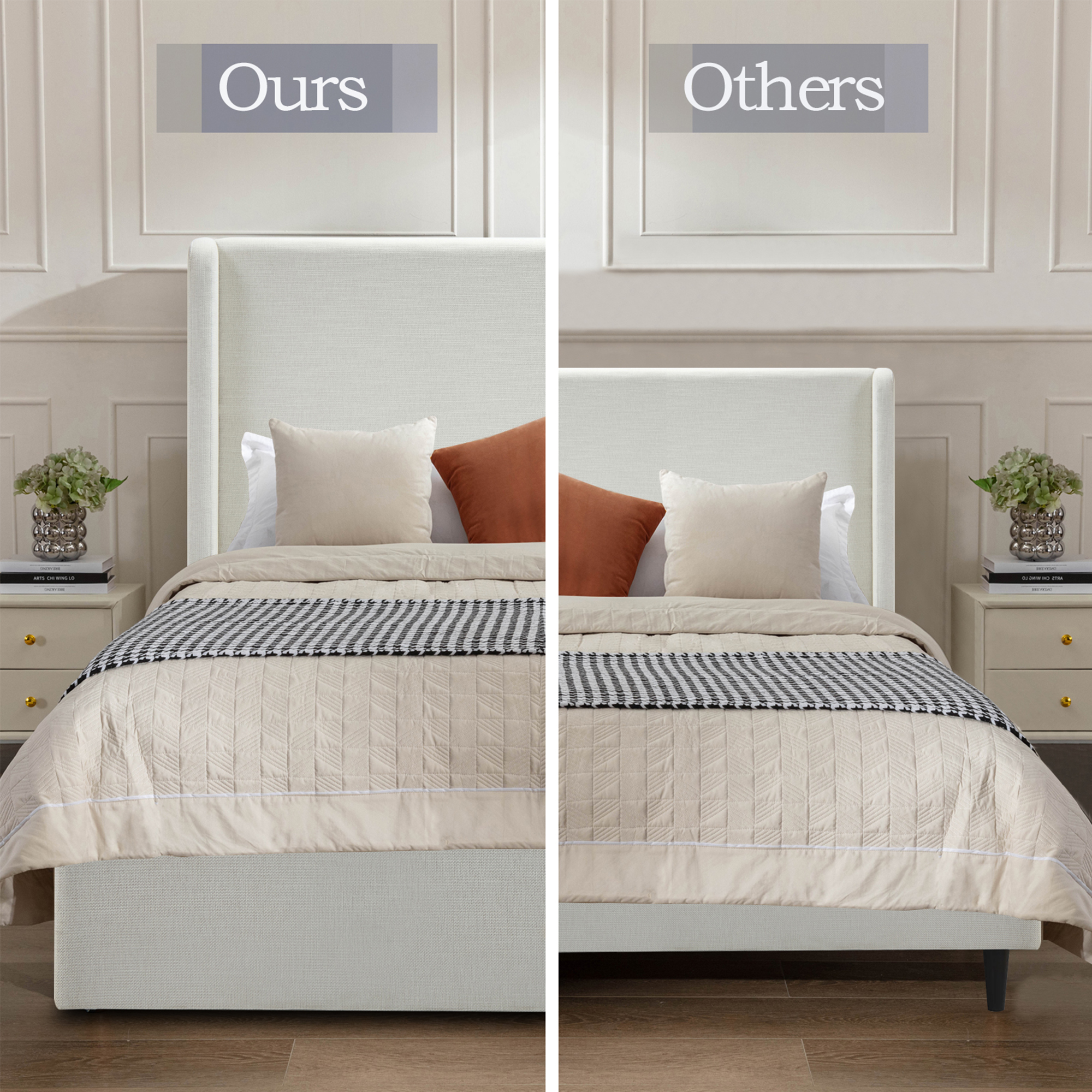 Carmen Upholstered Wingback Bed / Upholstered Platform Bed Frame / 52.3" High Headboard / Simplicity / Minimalist / No Box Spring Needed / Easy Assembly / King/ Textured Ivory Canvas Chenille/No Noise - Image 6