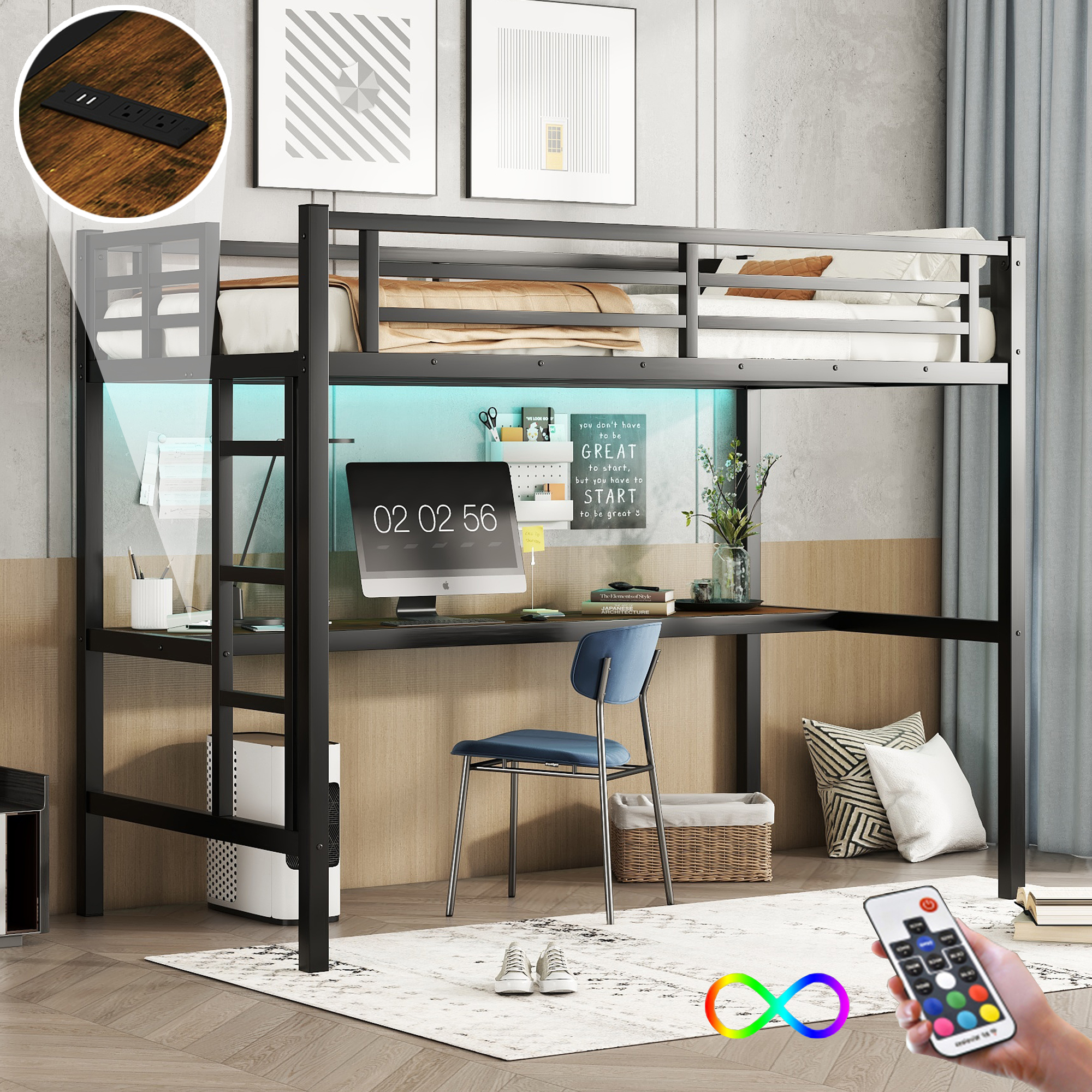 Metal Twin XL Size Loft Bed with Power Outlet and LED Lighted, Space-Saving, Noise Reduced, Black - Image 1