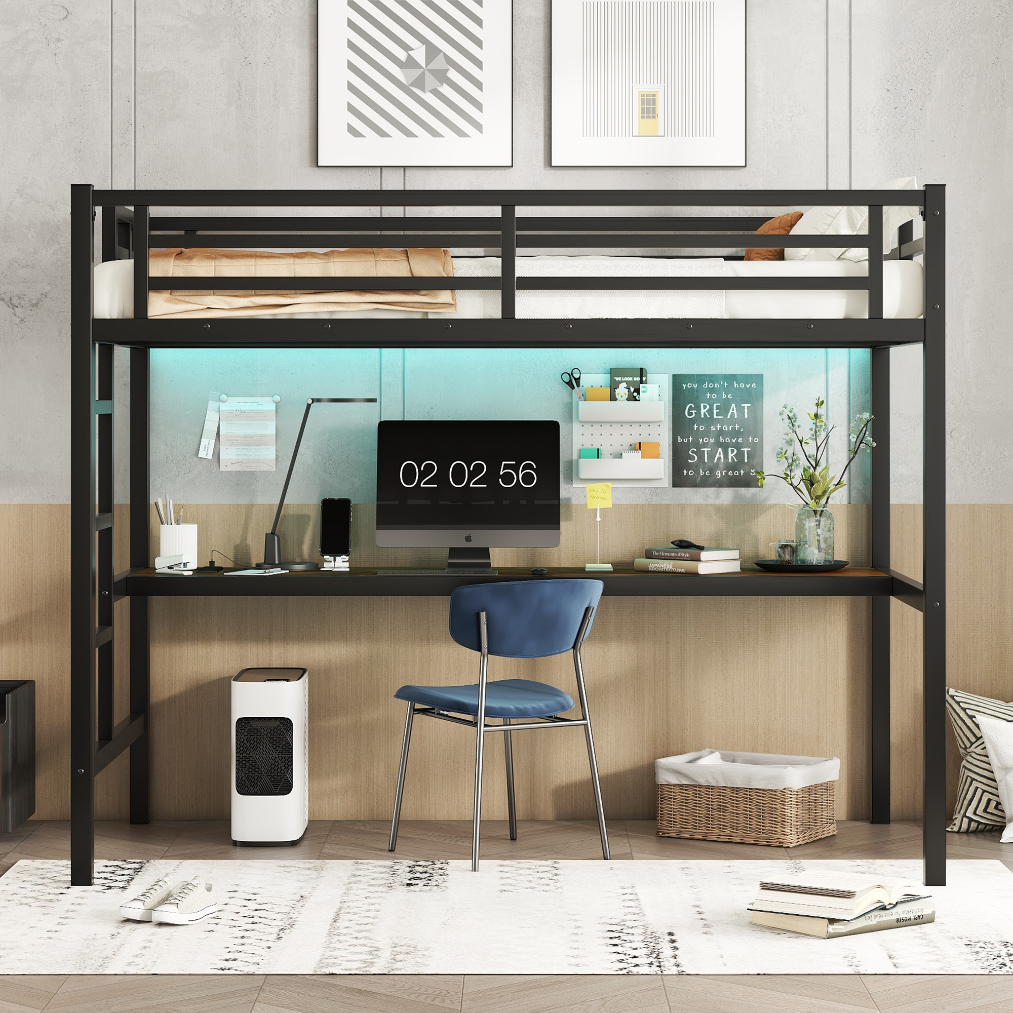 Metal Twin XL Size Loft Bed with Power Outlet and LED Lighted, Space-Saving, Noise Reduced, Black - Image 2