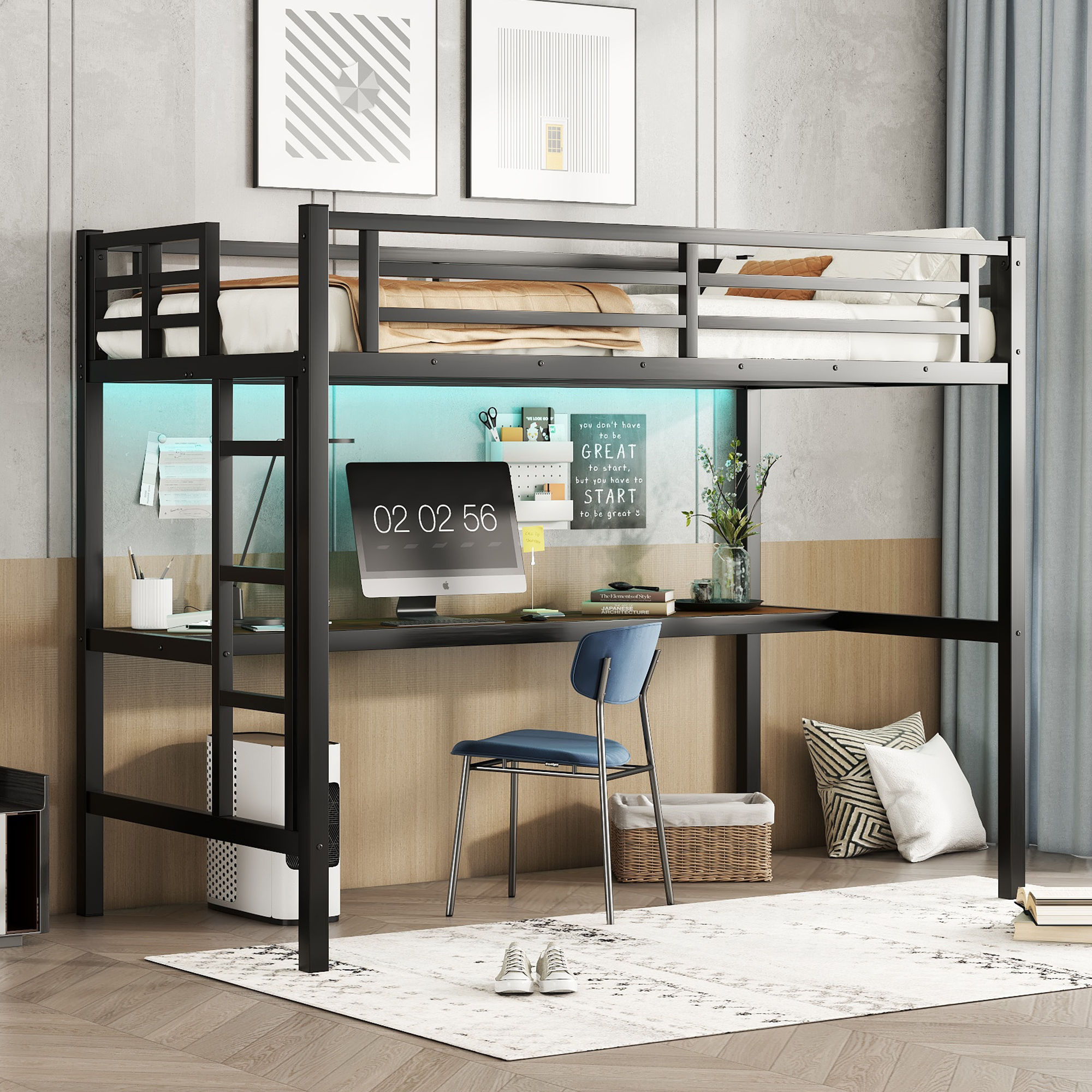 Metal Twin XL Size Loft Bed with Power Outlet and LED Lighted, Space-Saving, Noise Reduced, Black - Image 3