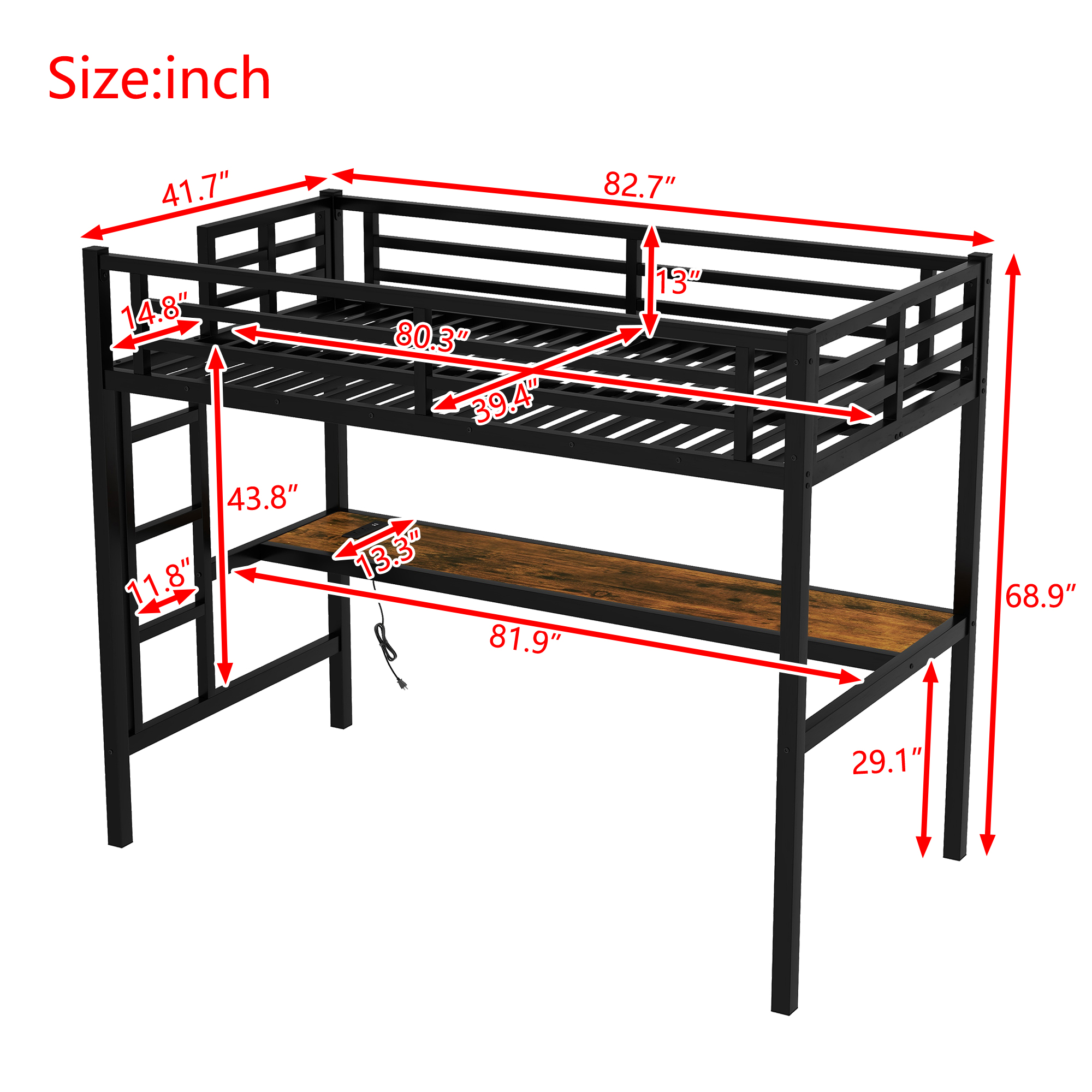 Metal Twin XL Size Loft Bed with Power Outlet and LED Lighted, Space-Saving, Noise Reduced, Black - Image 4