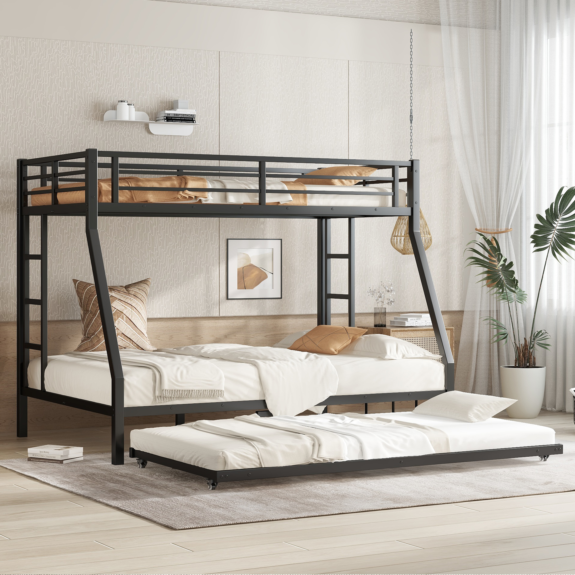 Twin over Full Metal Bunk Bed with Twin Size Trundle, Black - Image 1
