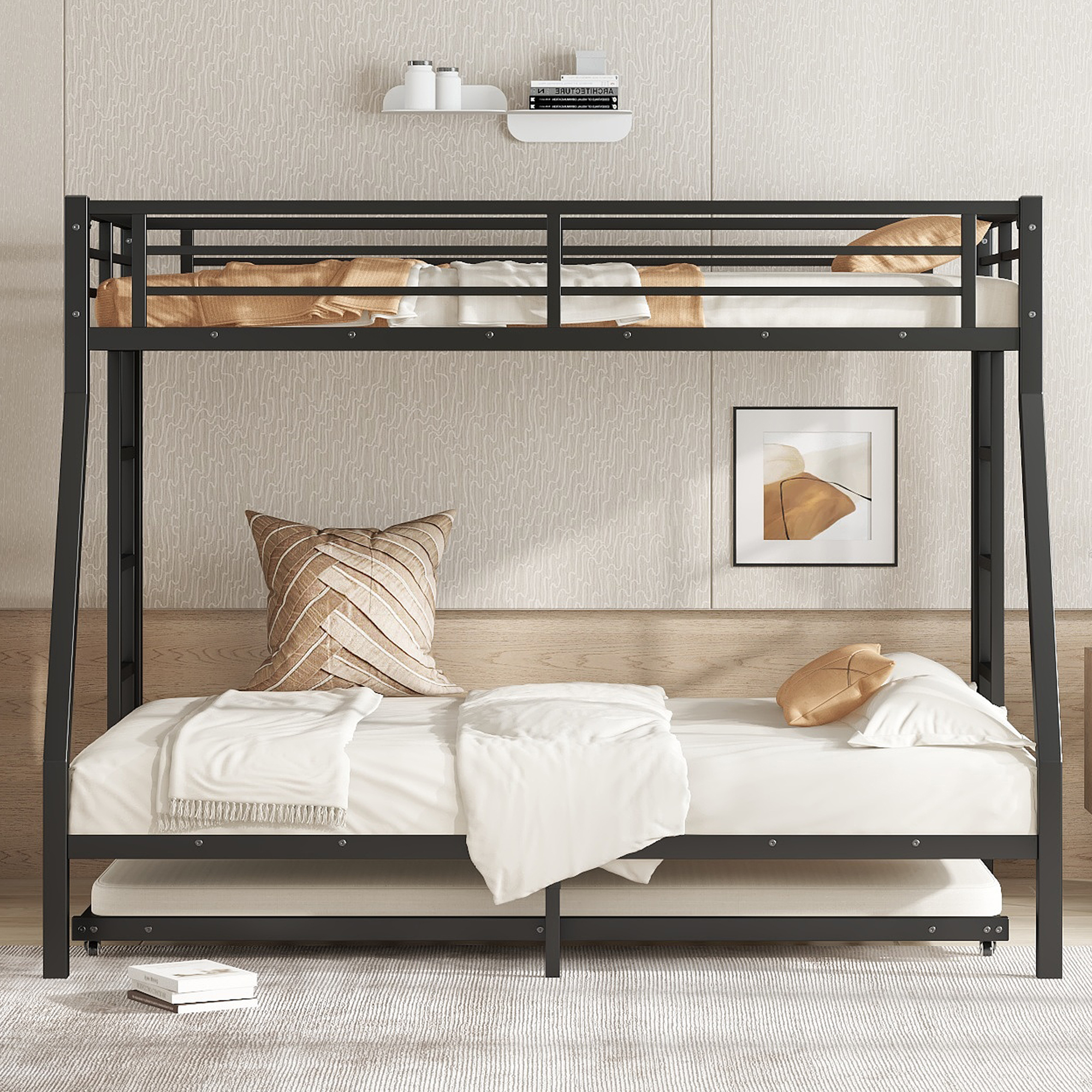 Twin over Full Metal Bunk Bed with Twin Size Trundle, Black - Image 2