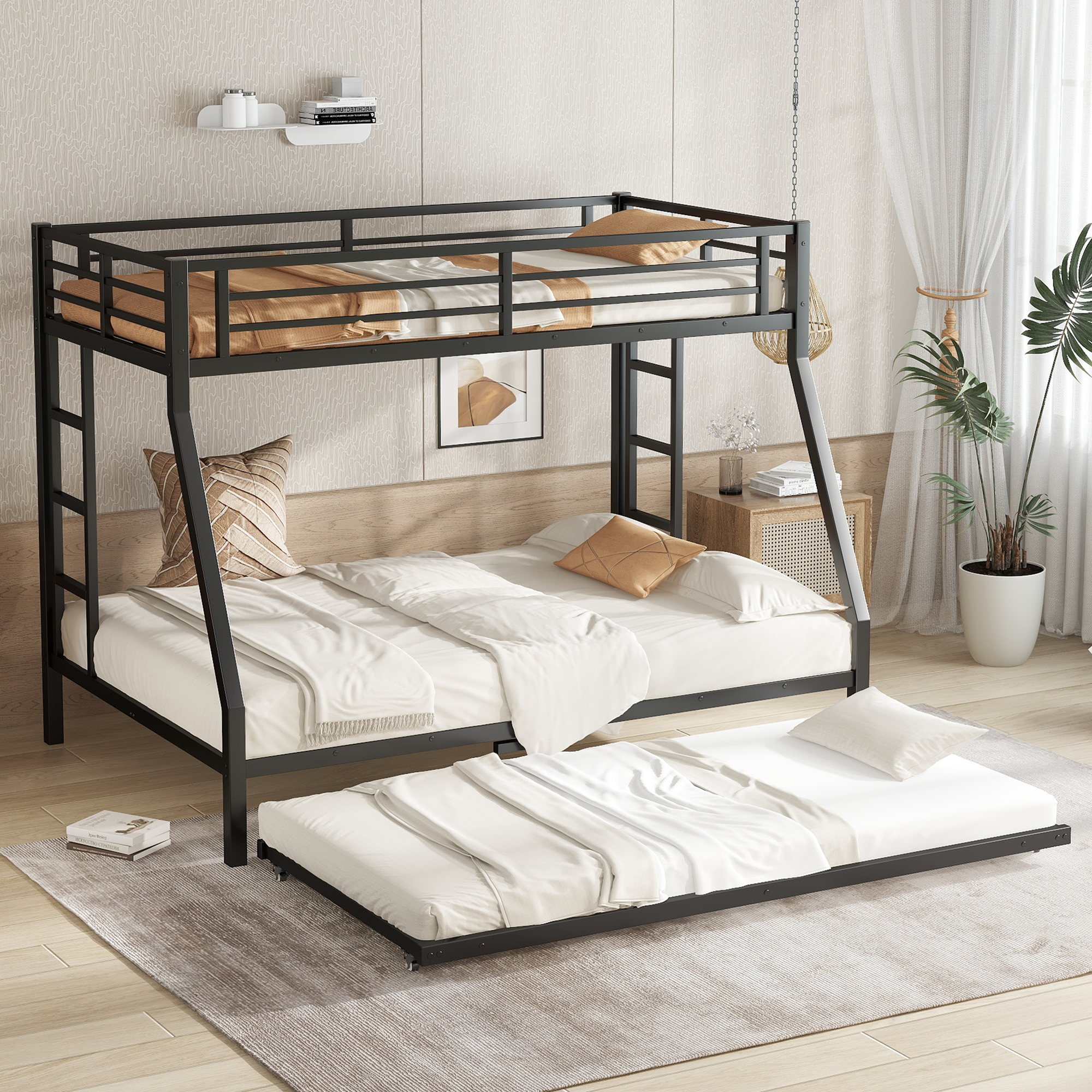 Twin over Full Metal Bunk Bed with Twin Size Trundle, Black - Image 3