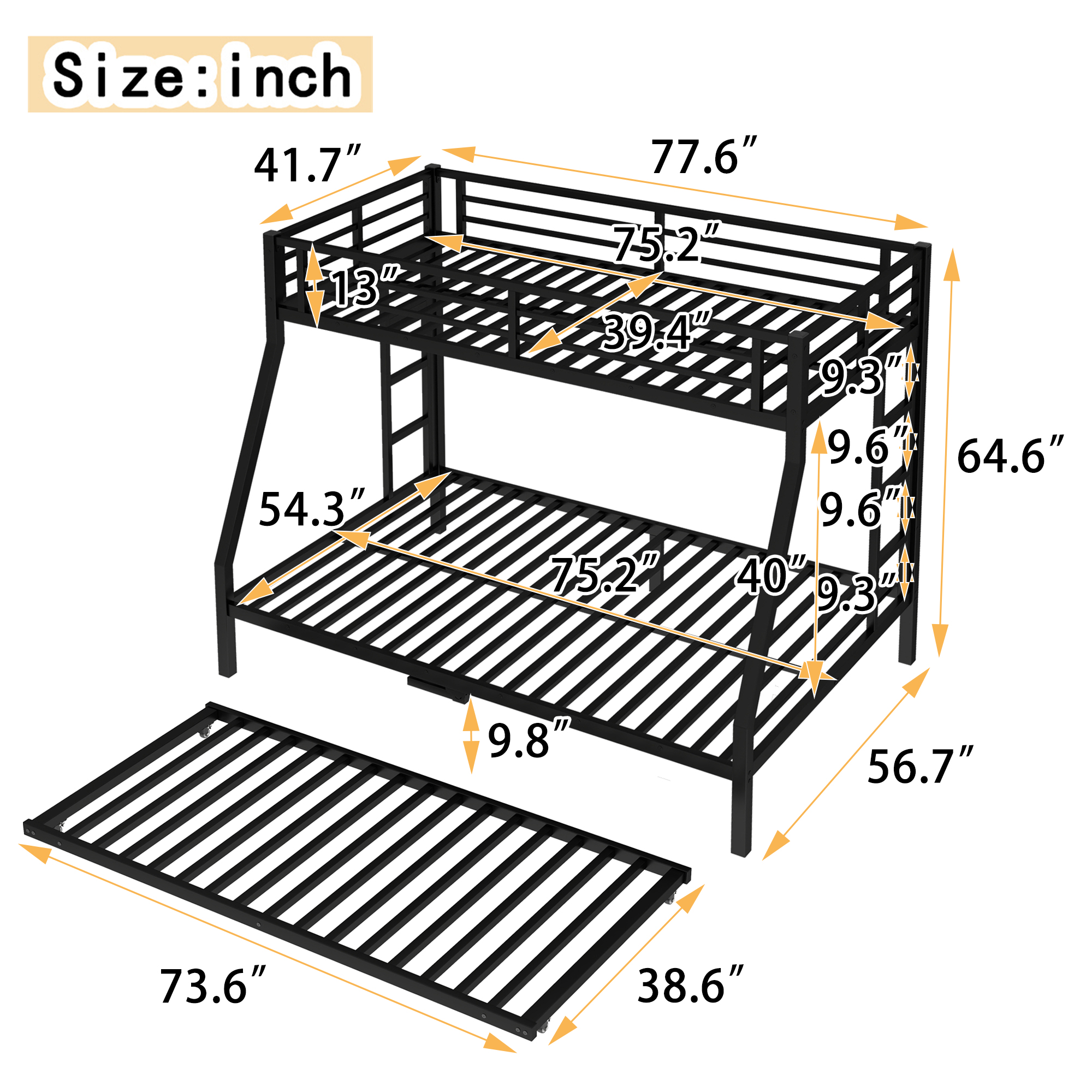 Twin over Full Metal Bunk Bed with Twin Size Trundle, Black - Image 4