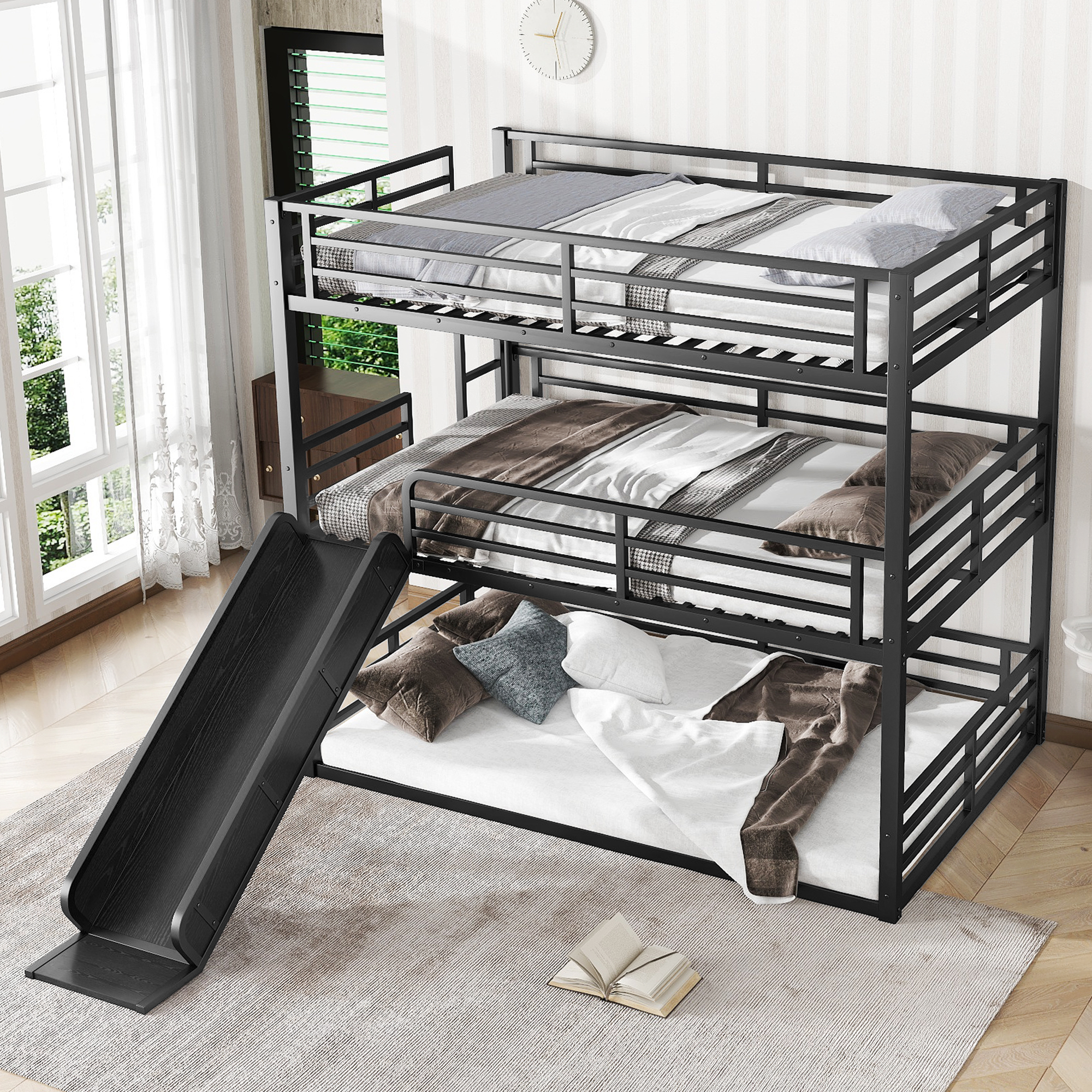 Full over Full over Full Bunk Bed with Slide, Metal Triple Bunk Bed with Safety Guardrails, Heavy-duty Bunk Bed with Noise-reduced Design, Black - Image 2