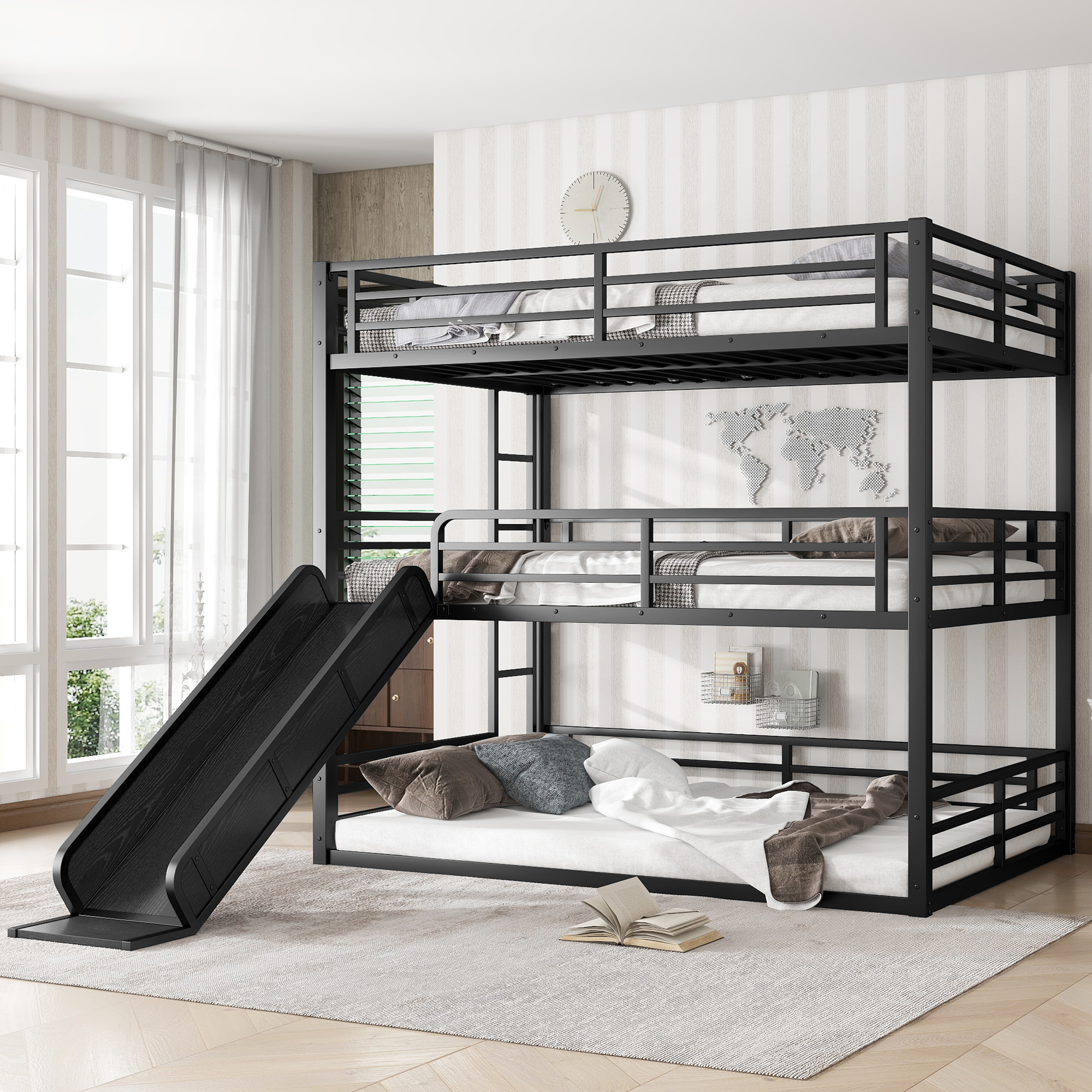 Full over Full over Full Bunk Bed with Slide, Metal Triple Bunk Bed with Safety Guardrails, Heavy-duty Bunk Bed with Noise-reduced Design, Black - Image 3