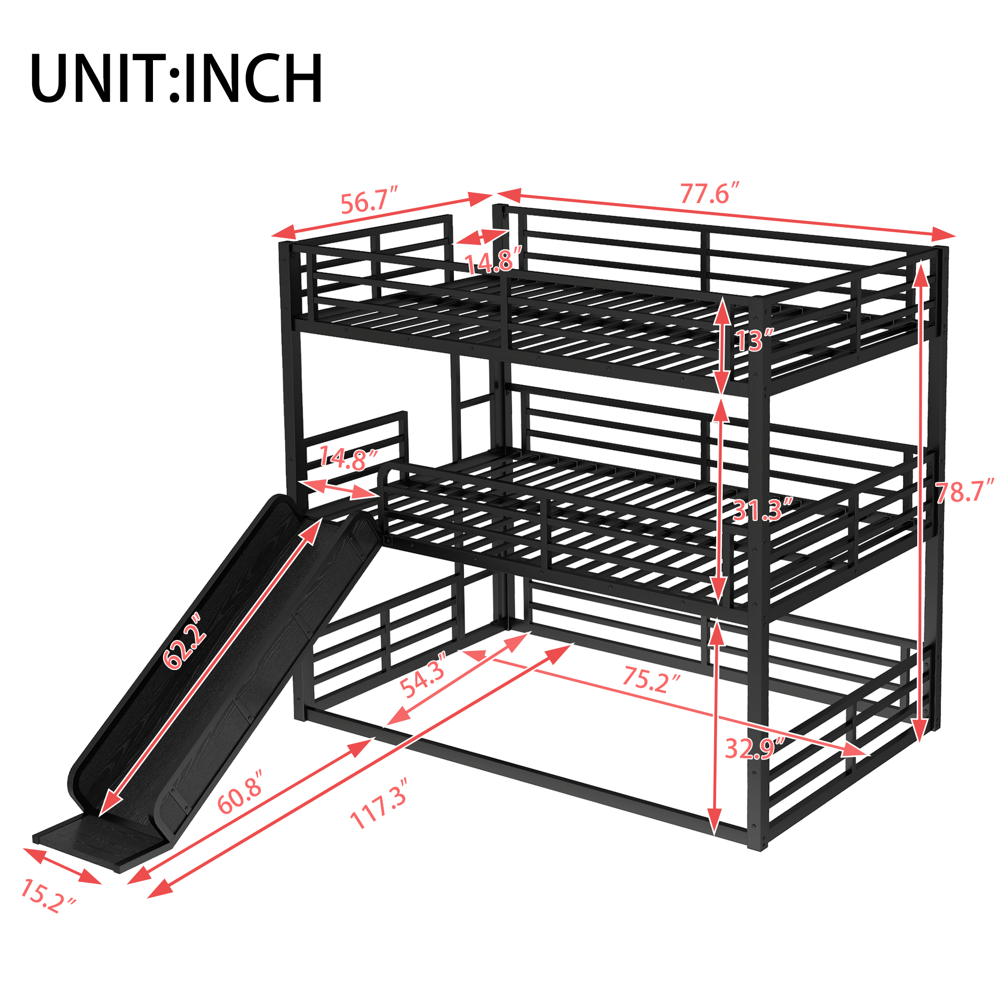 Full over Full over Full Bunk Bed with Slide, Metal Triple Bunk Bed with Safety Guardrails, Heavy-duty Bunk Bed with Noise-reduced Design, Black - Image 4