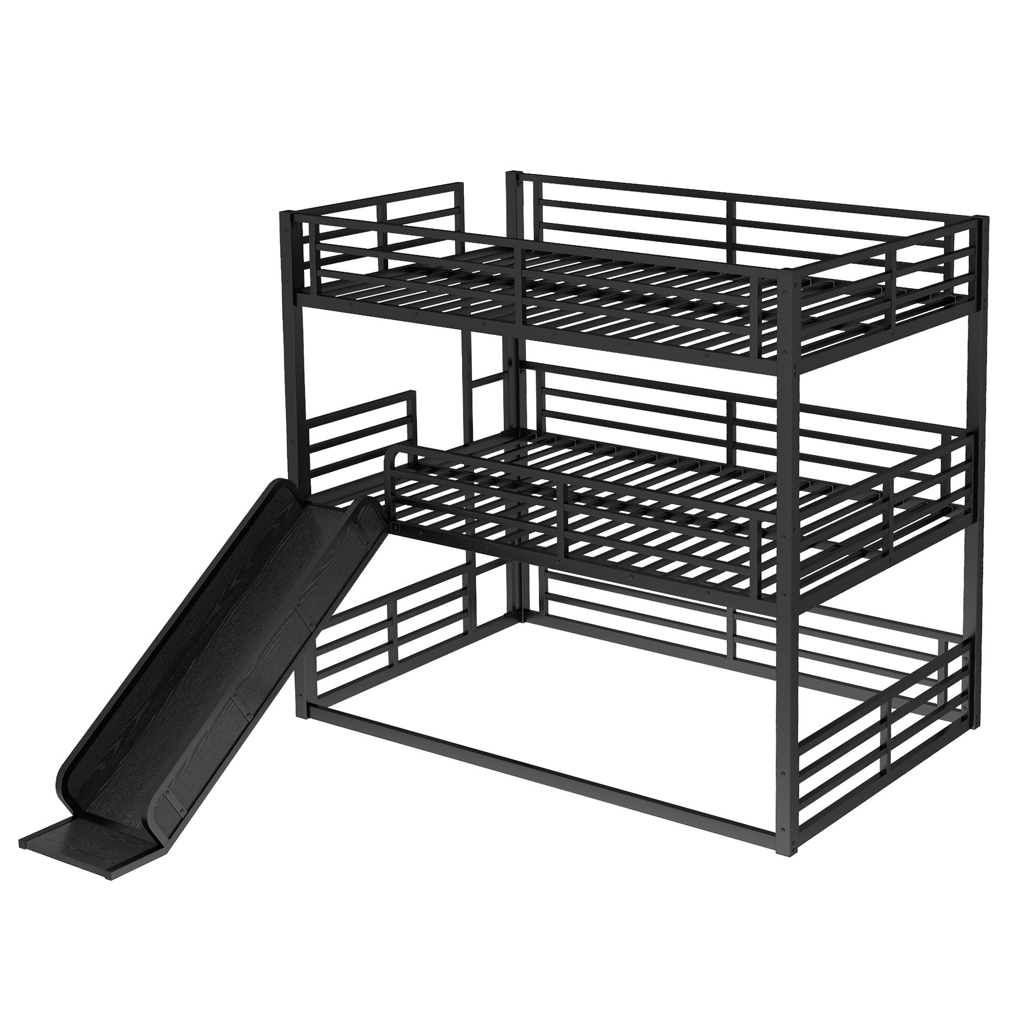 Full over Full over Full Bunk Bed with Slide, Metal Triple Bunk Bed with Safety Guardrails, Heavy-duty Bunk Bed with Noise-reduced Design, Black - Image 5