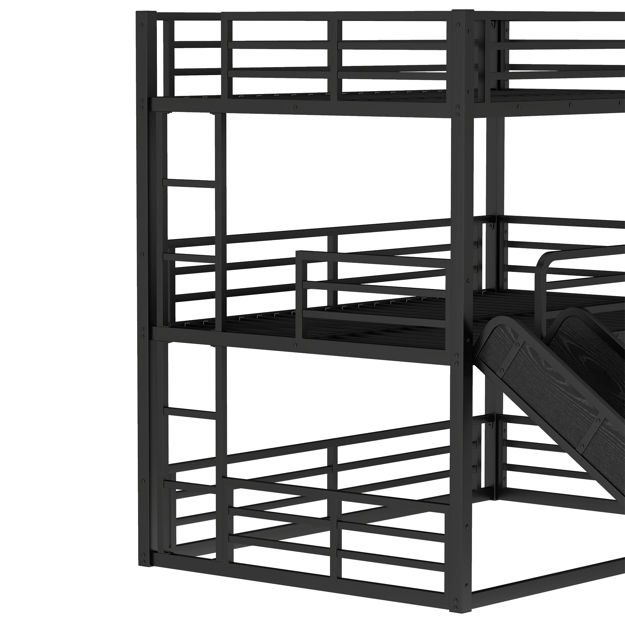 Full over Full over Full Bunk Bed with Slide, Metal Triple Bunk Bed with Safety Guardrails, Heavy-duty Bunk Bed with Noise-reduced Design, Black - Image 6