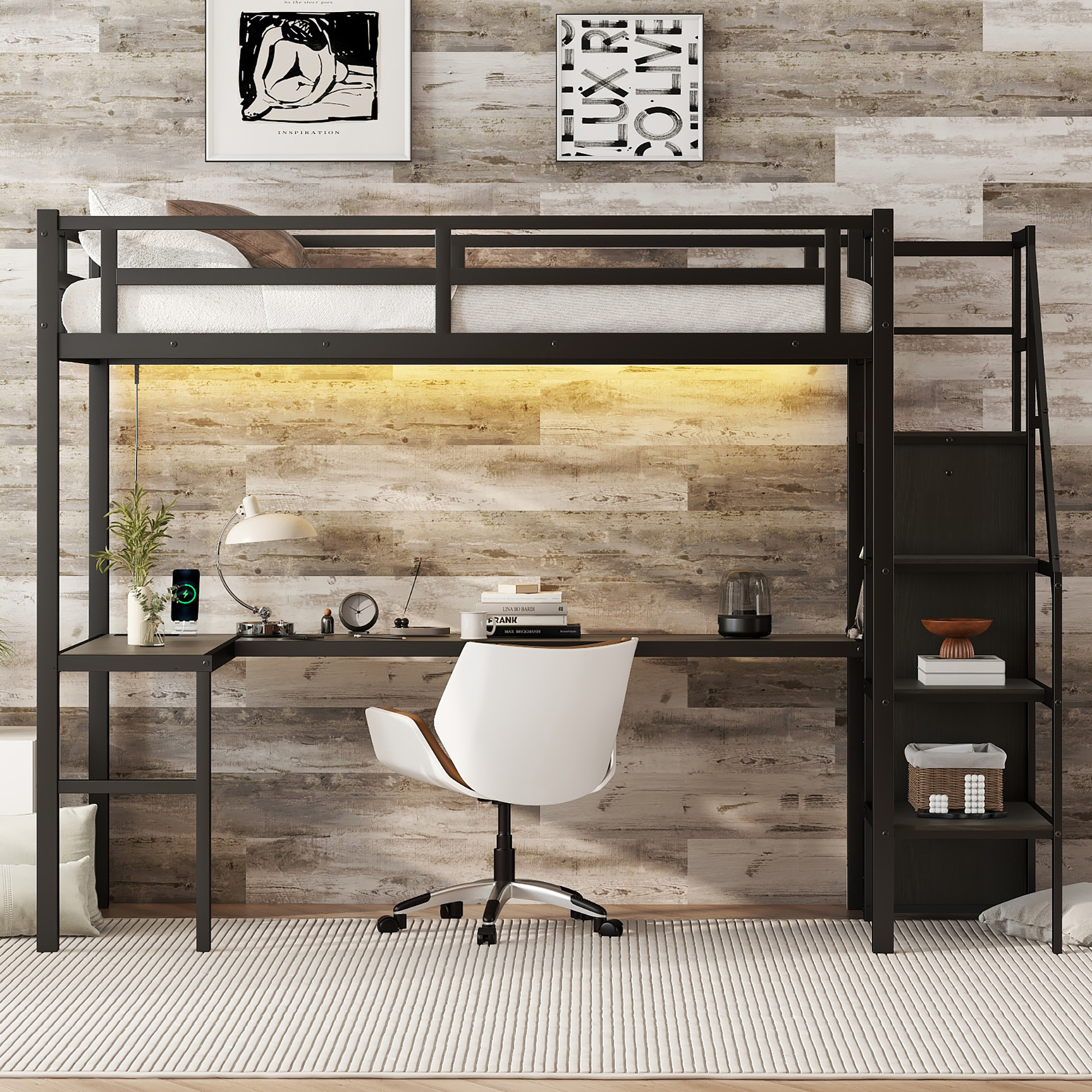 Twin XL Size Loft Bed with L-shaped Desk and USB, Metal Loft Bed with Wardrobe and Adjustable Shelf, High Loft Bed with LED for Kids Teens Adults, Black - Image 2